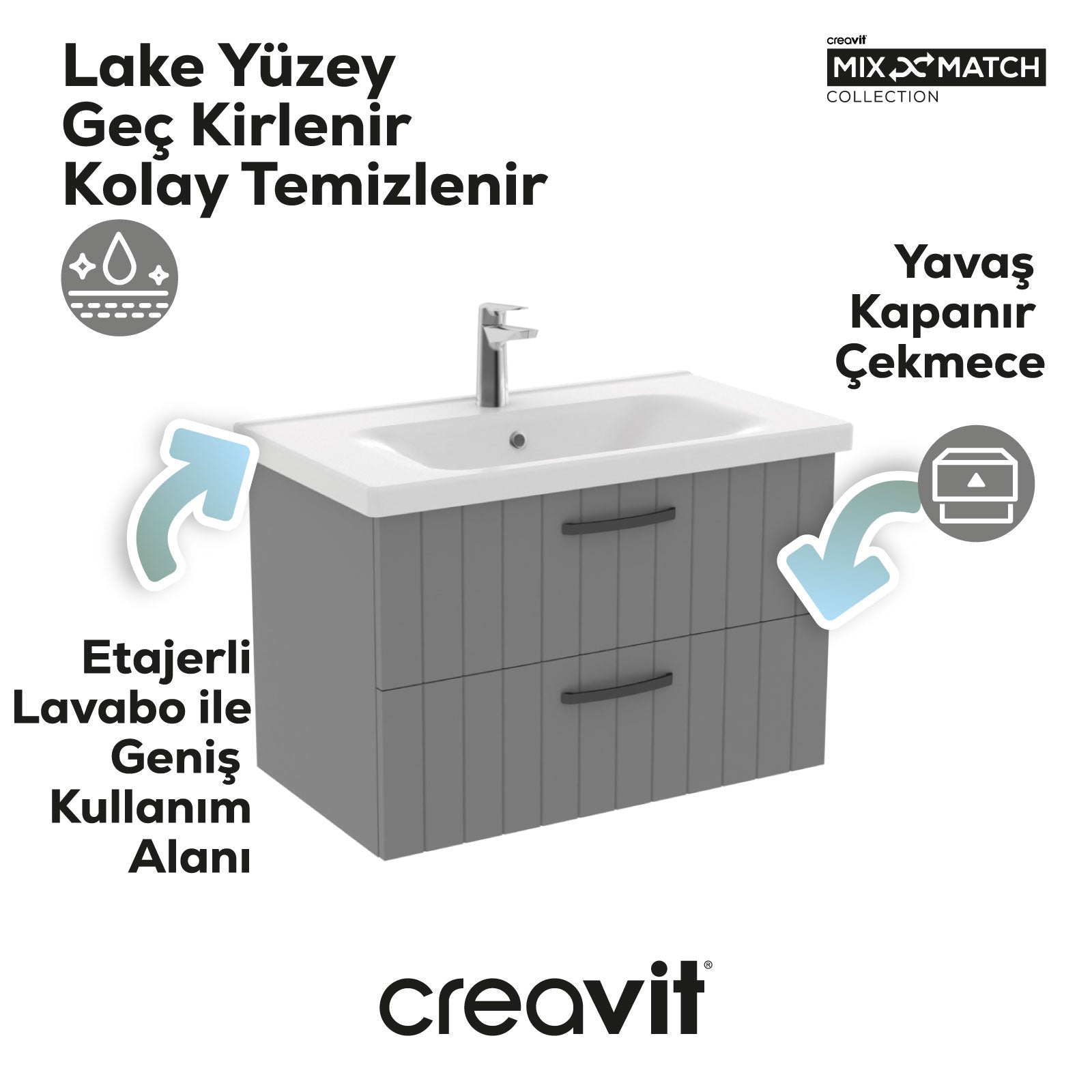 D10 80 Cm İki Çekmeceli Lavabo Dolabı Melamin Gövde Gri Lake Kapak