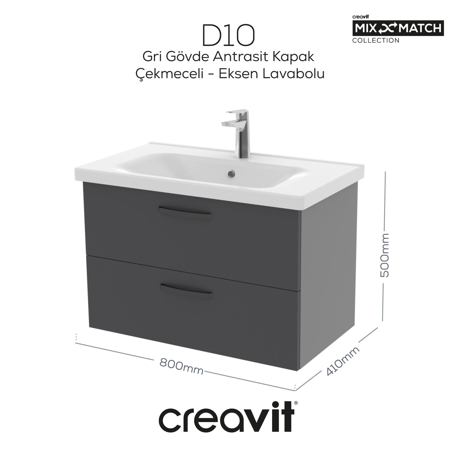 D10 80 Cm İki Çekmeceli Lavabo Dolabı Melamin Grı Gövde Melamin Antrasit Kapak