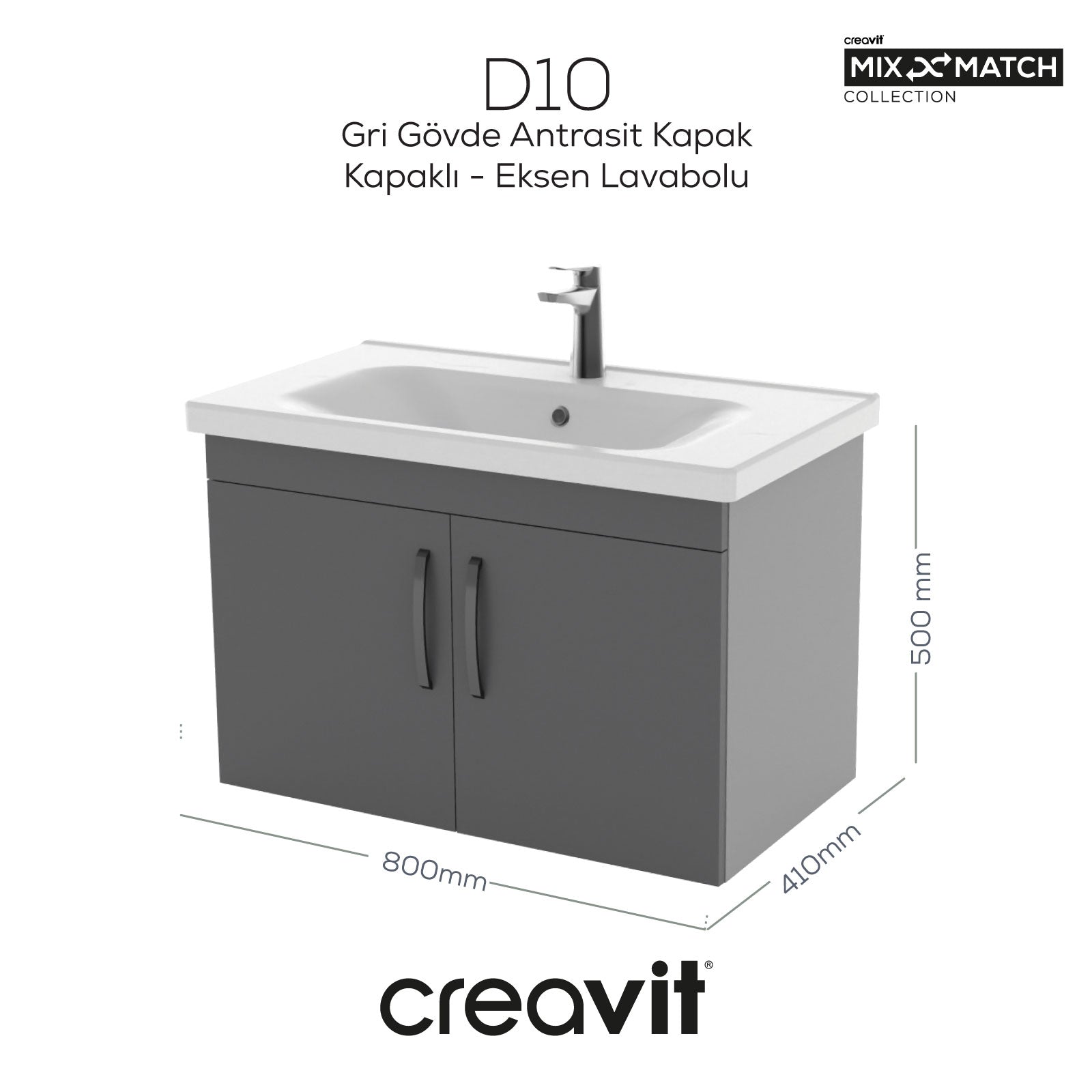 D10 80cm Kapaklı Lavabo Dolabı Gri Melamin Antrasit