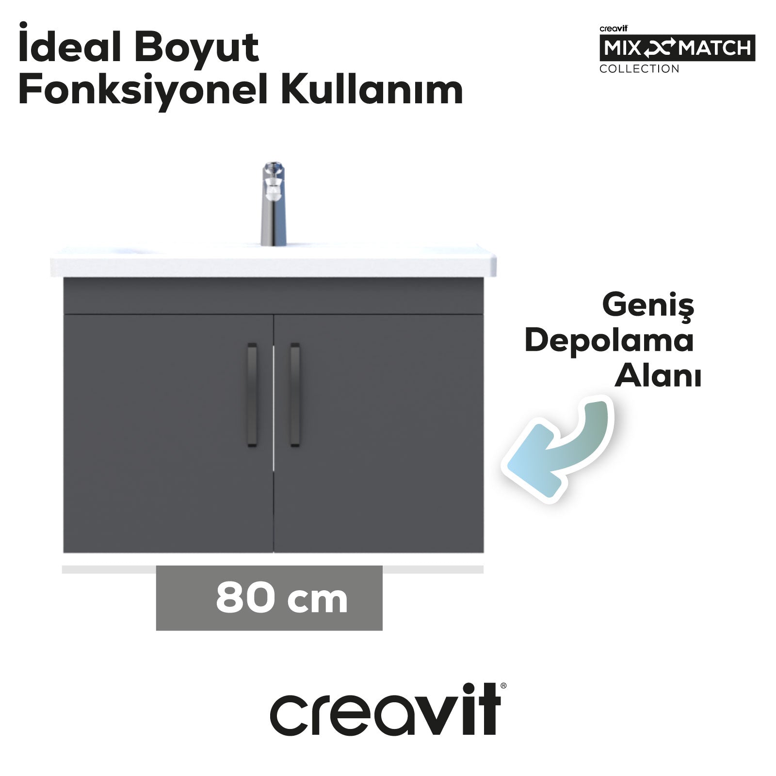 D10 80cm Kapaklı Lavabo Dolabı Gri Melamin Antrasit