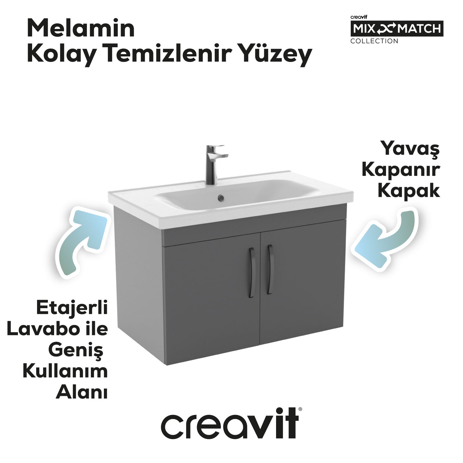 D10 80cm Kapaklı Lavabo Dolabı Gri Melamin Antrasit