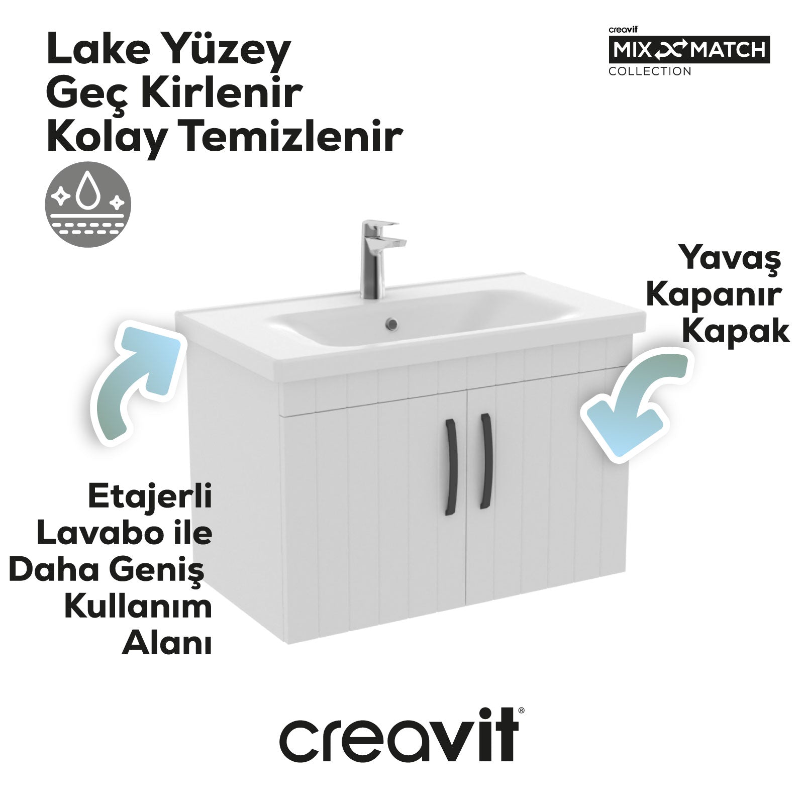 D10 80 Cm Kapaklı Lavabo Dolabı Melamin Gövde Beyaz Lake Kapak