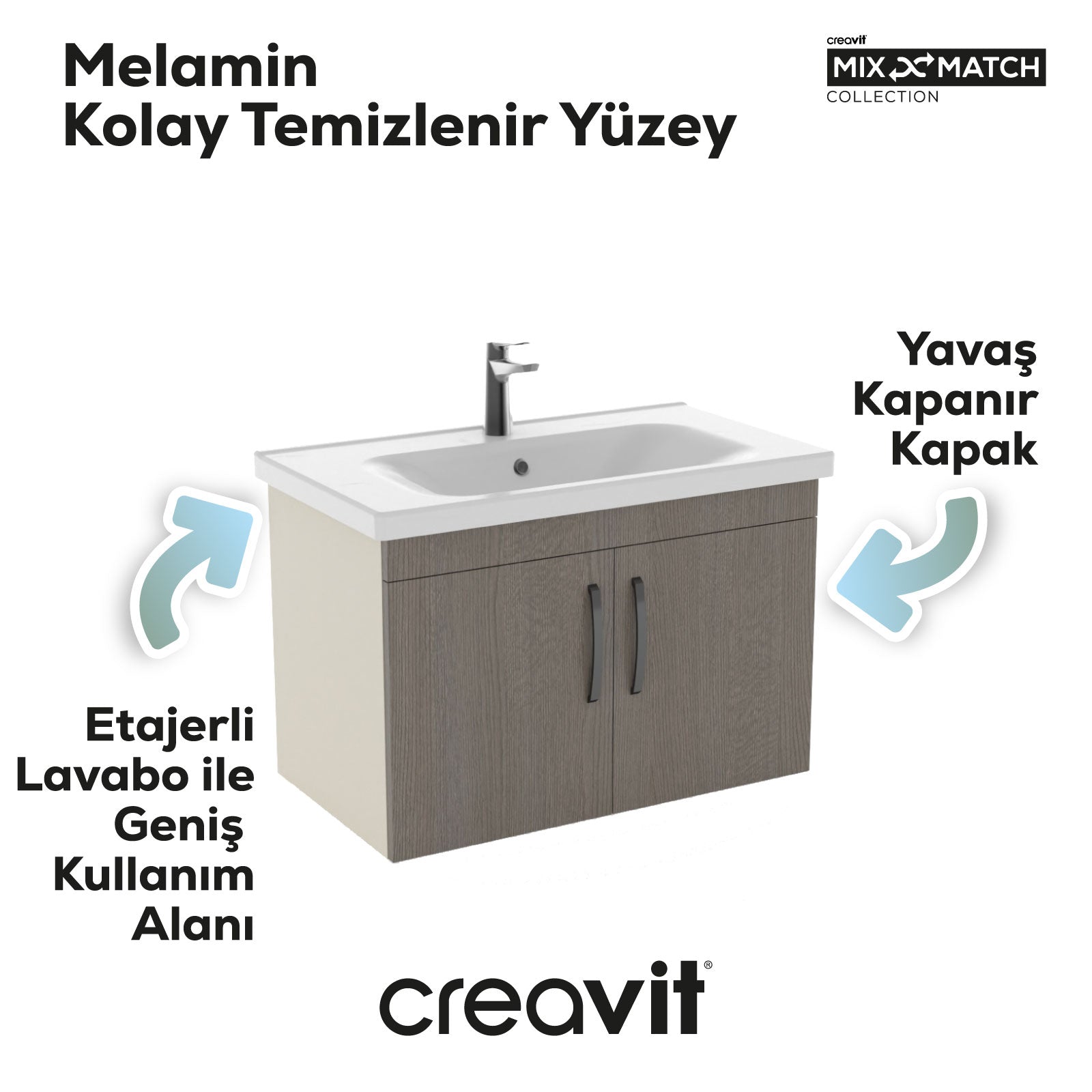 D10 80 Cm Kapaklı Lavabo Dolabı Melamin Dafne Gövde Melamin Meşe Kapak