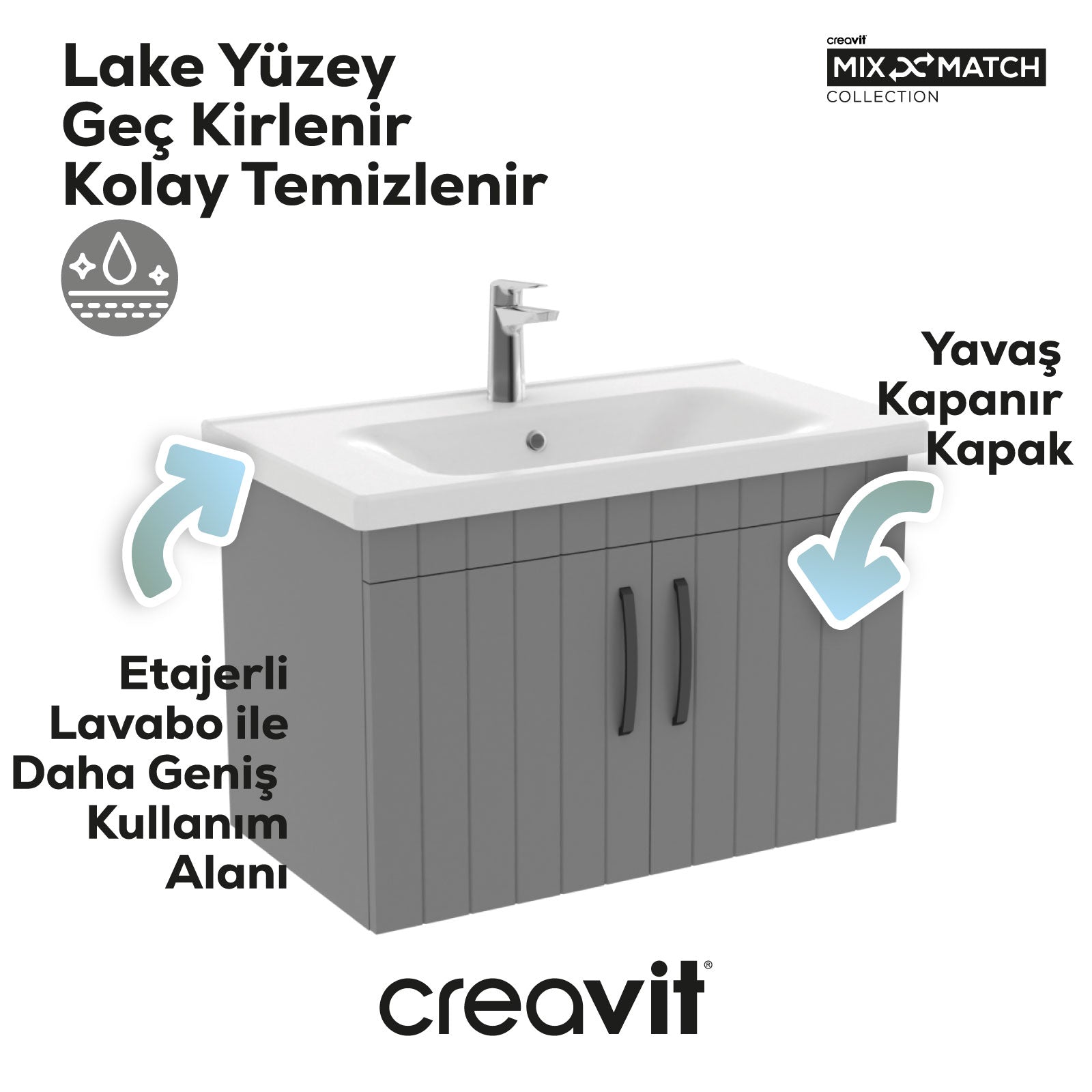 D10 80 Cm Kapaklı Lavabo Dolabı Melamin Gövde Gri Lake Kapak