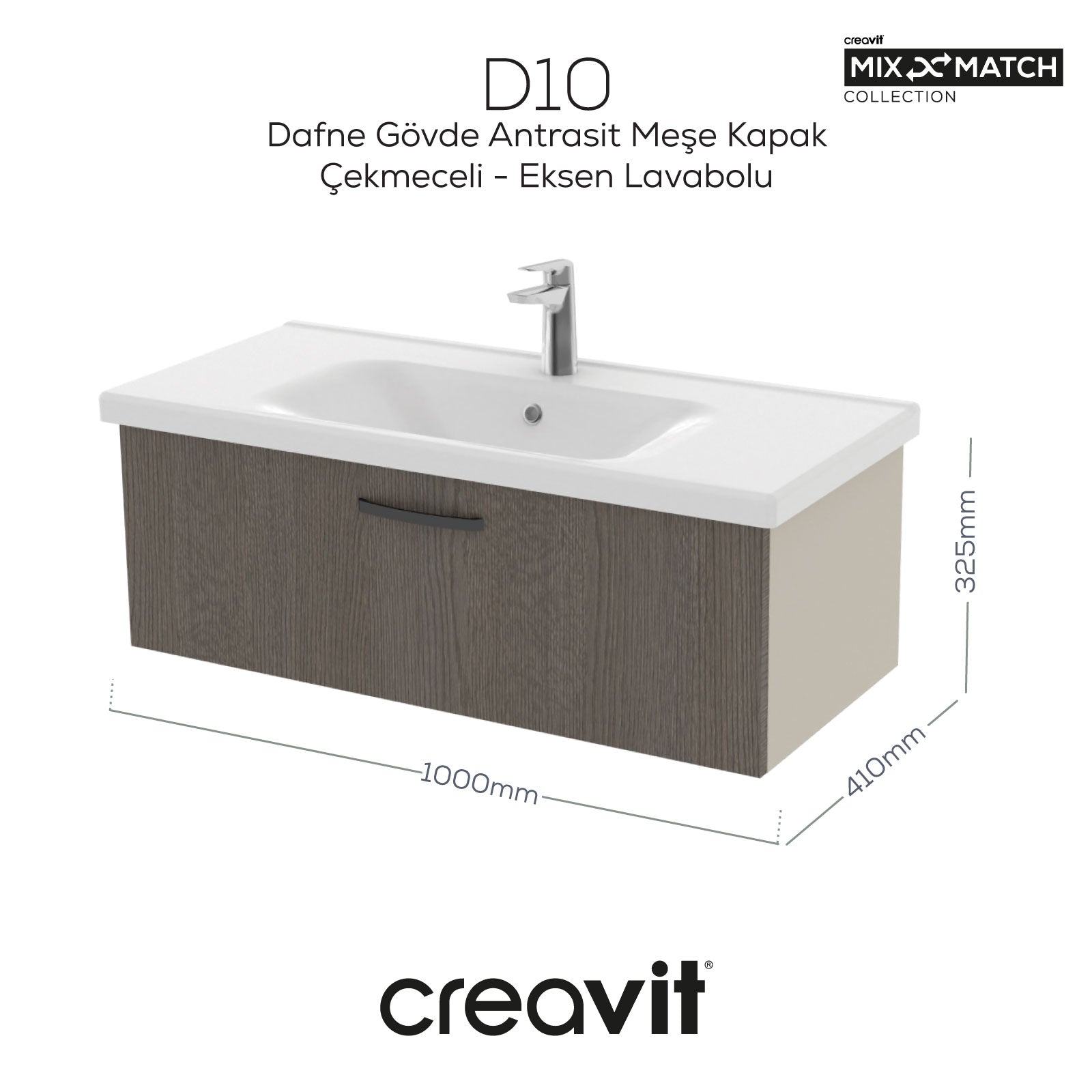 D10 Axis Washbasin Cabinet with Drawers 100 cm Dafne Body Anthracite Oak Door