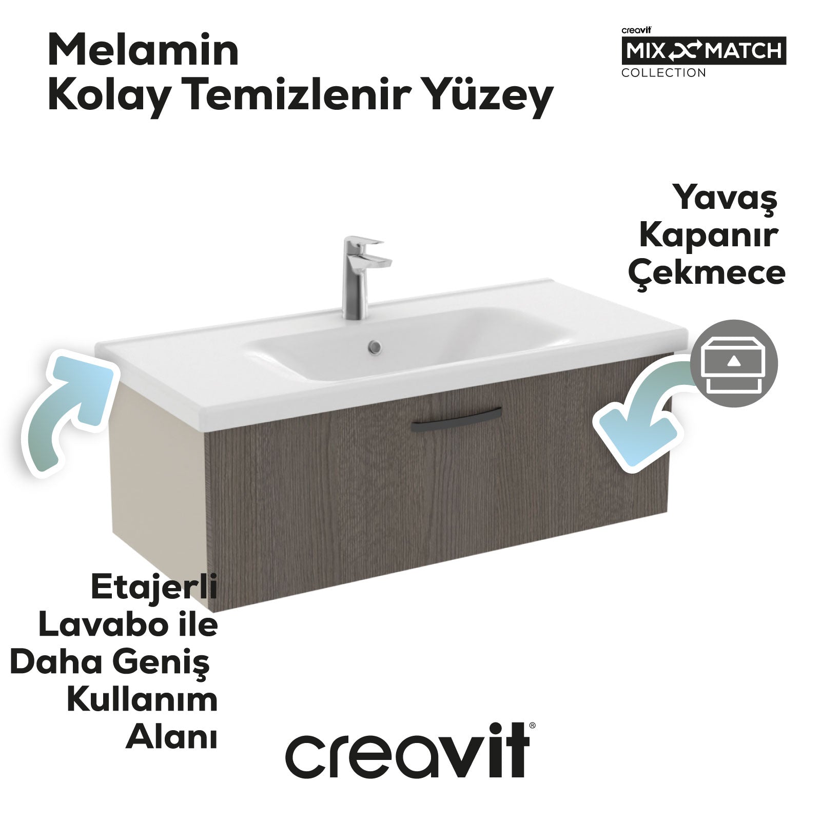 D10 Axis Washbasin Cabinet with Drawers 100 cm Dafne Body Anthracite Oak Door