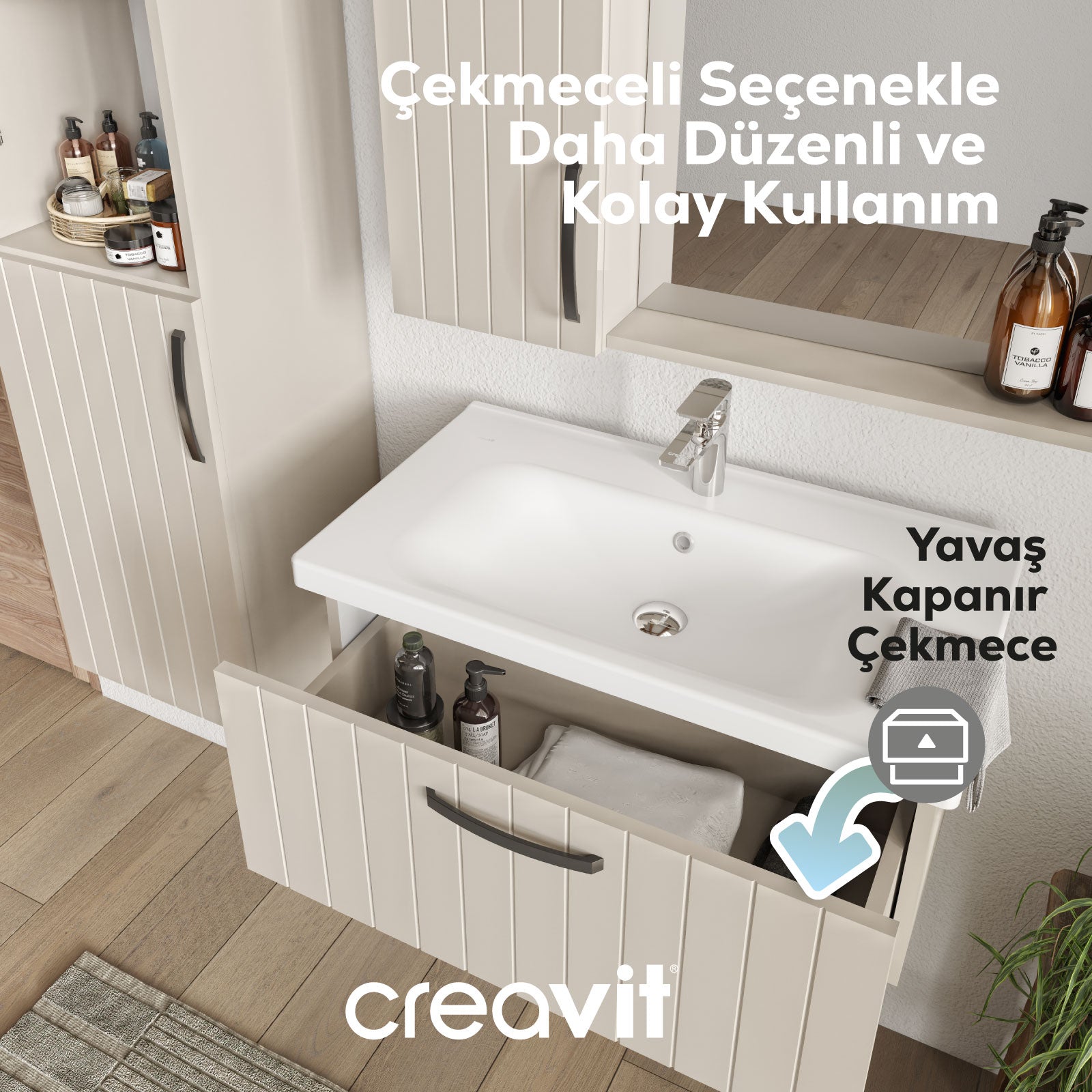D10 Eksen Lavabo Dolabı Çekmeceli 100 cm Dafne Lake Kapak