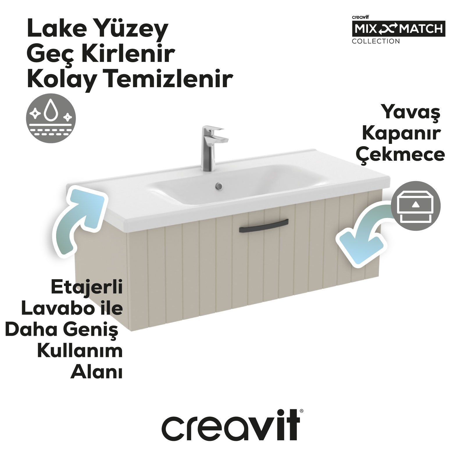 D10 Eksen Lavabo Dolabı Çekmeceli 100 cm Dafne Lake Kapak
