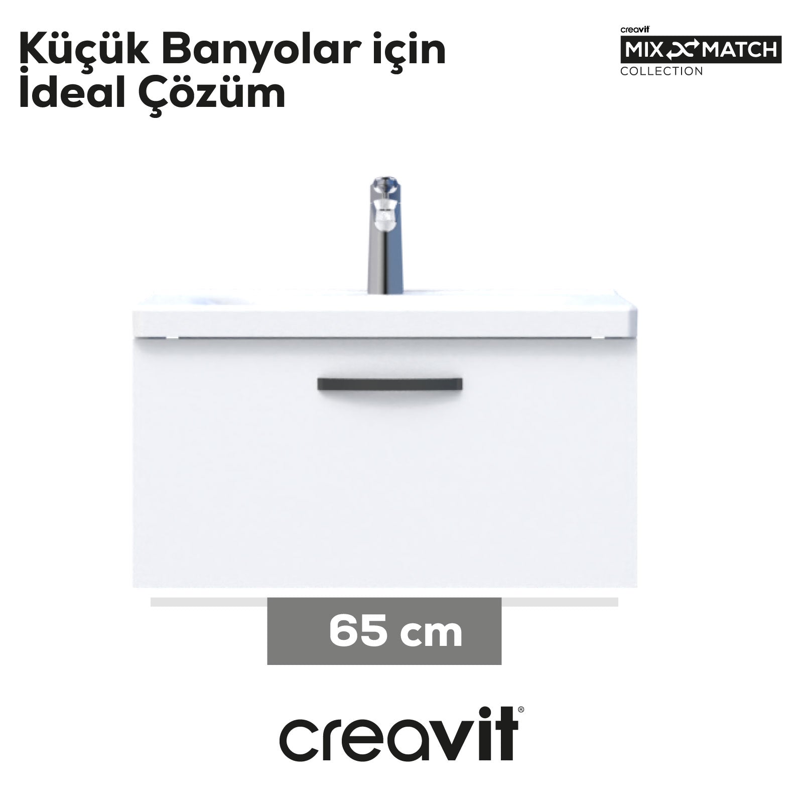 D10 Eksen Lavabo Dolabı Çekmeceli 65 cm Beyaz Melamin Kapak