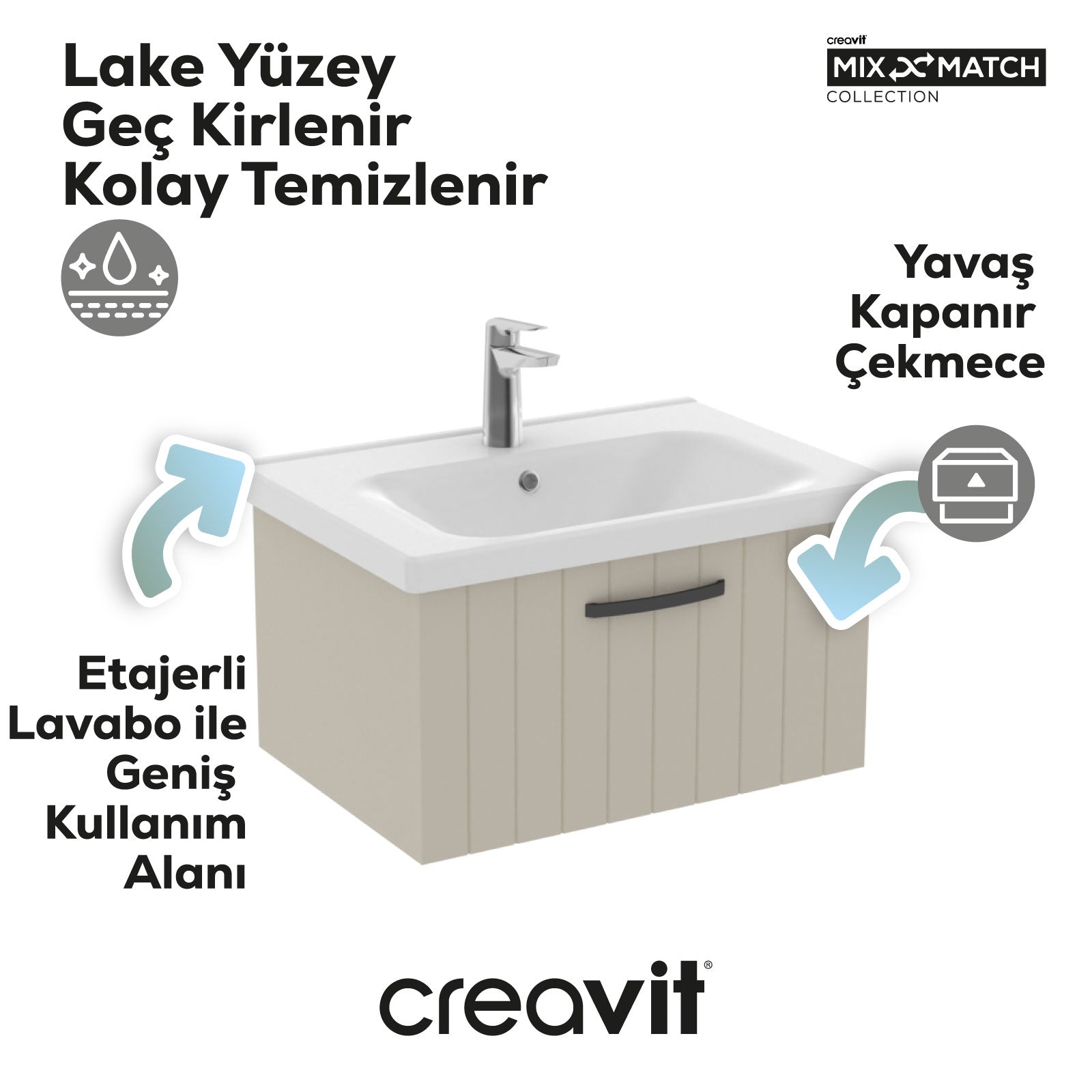 D10 Eksen Lavabo Dolabı Çekmeceli 65 cm Dafne Lake