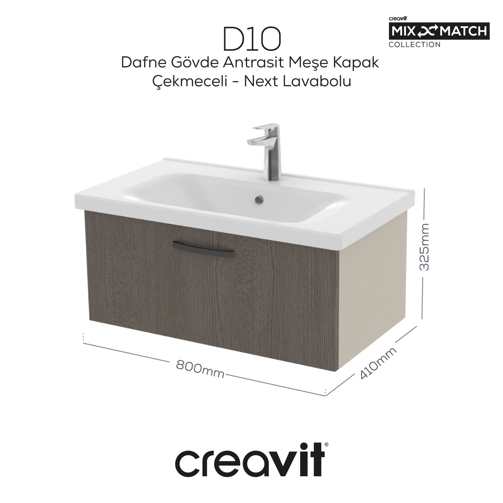D10 Axis Waschtischunterschrank mit Schubladen 80cm Korpus Dafne Eiche Anthrazit Blende