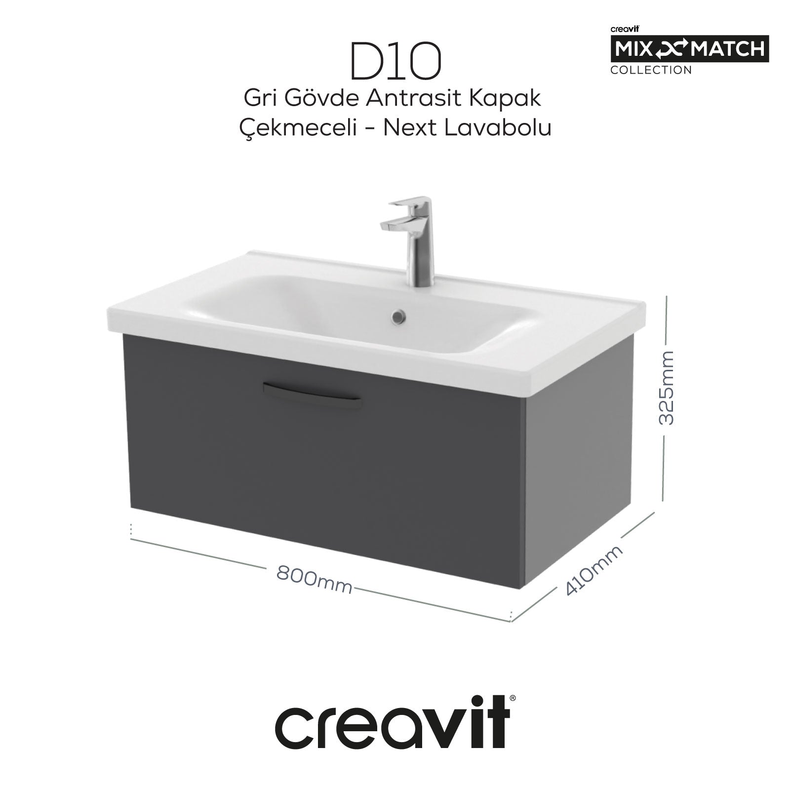 D10 Axis Washbasin Cabinet with Drawers 80 cm Gray Body Anthracite Cover