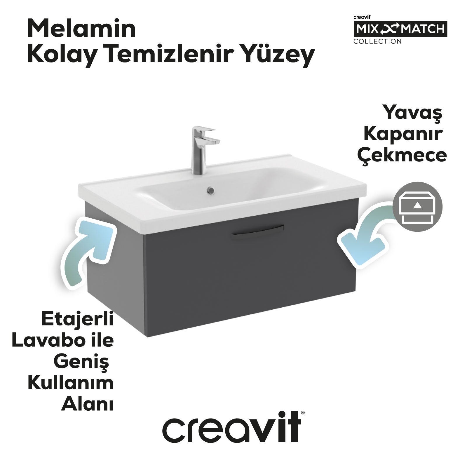 D10 Axis Washbasin Cabinet with Drawers 80 cm Gray Body Anthracite Cover