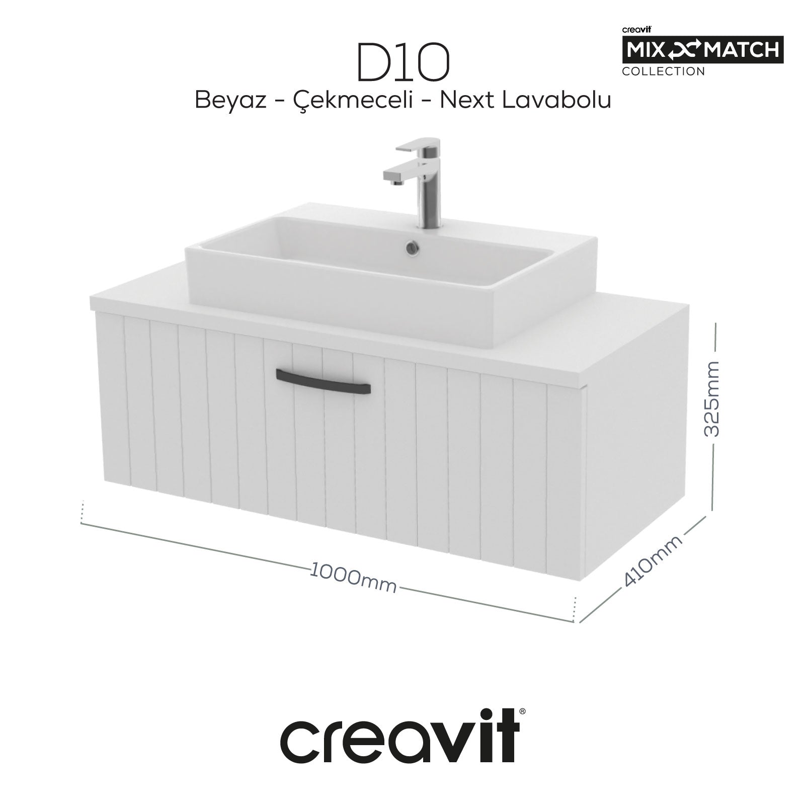 D10 Next Lavabo Dolabı Çekmeceli 100 cm Beyaz Lake