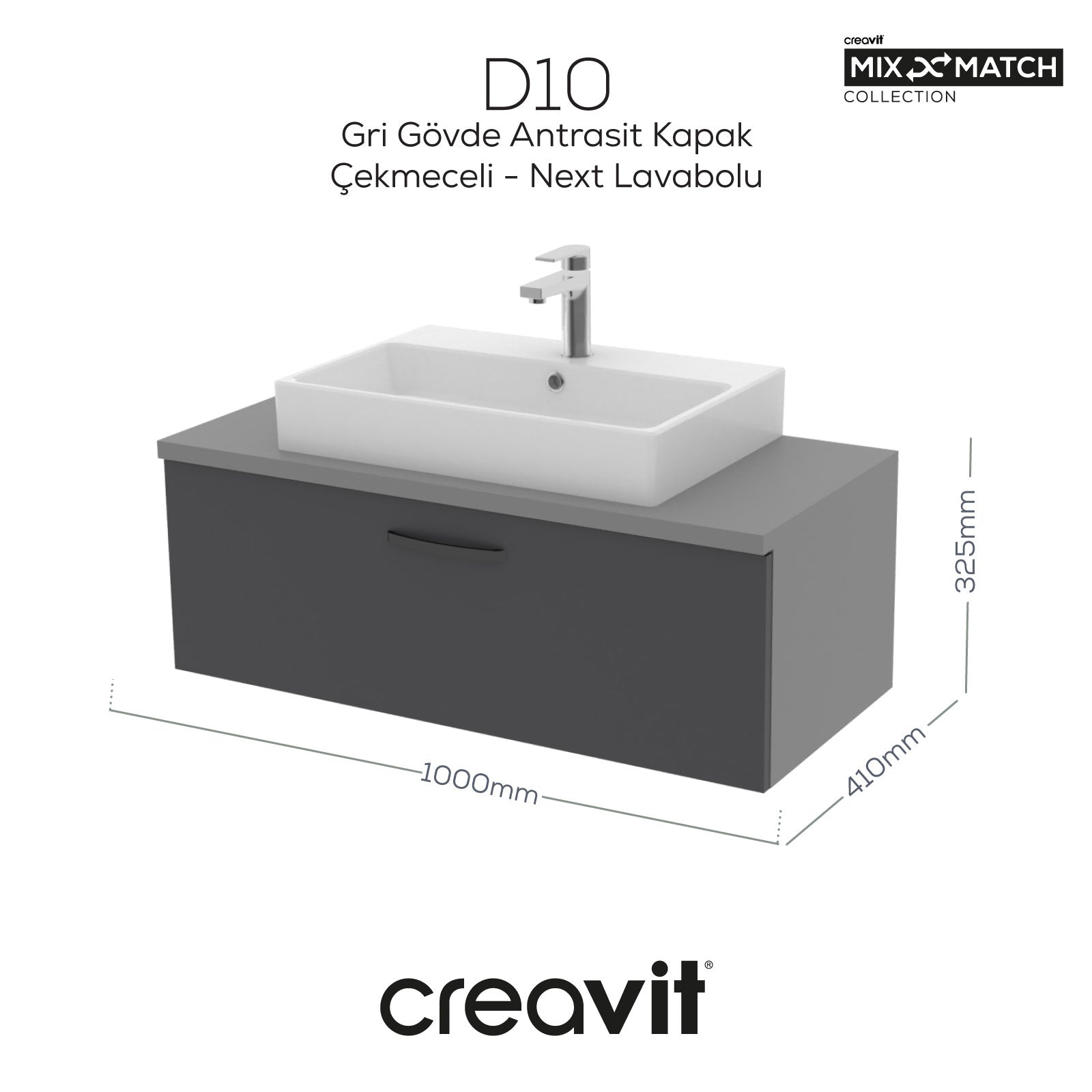 D10 Next Lavabo Dolabı Çekmeceli 100 cm Gri Gövde Antrasit Kapak
