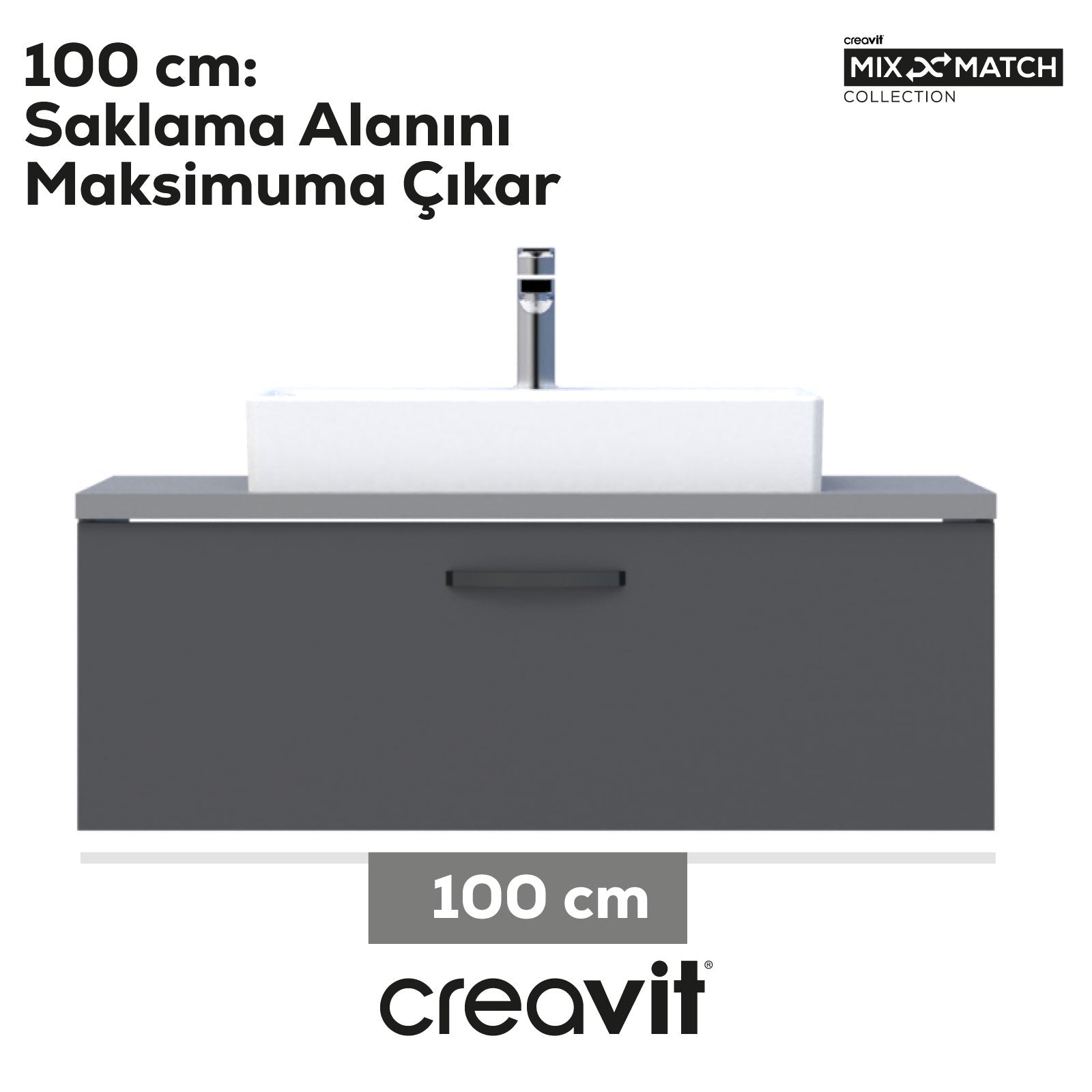 D10 Next Lavabo Dolabı Çekmeceli 100 cm Gri Gövde Antrasit Kapak