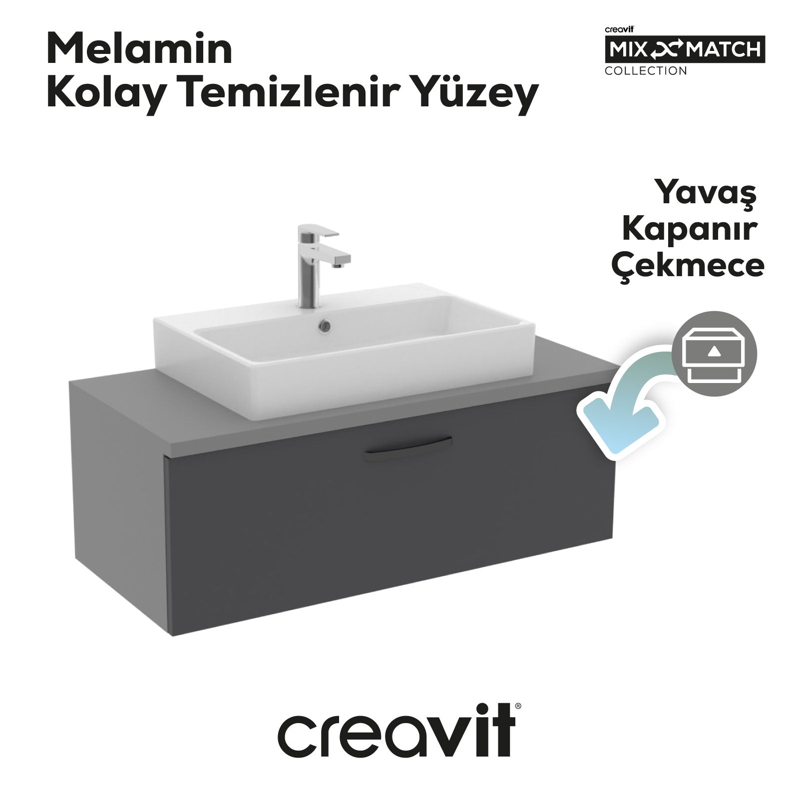 D10 Next Lavabo Dolabı Çekmeceli 100 cm Gri Gövde Antrasit Kapak