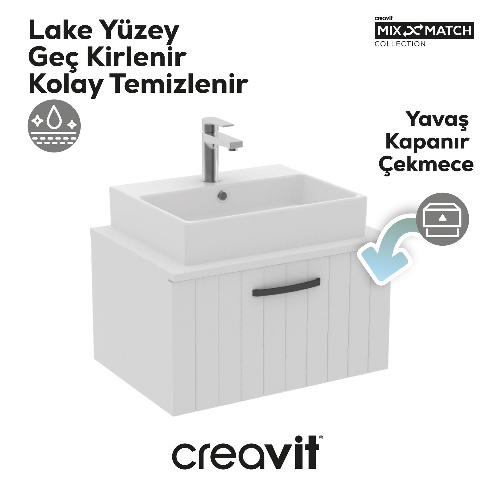 D10 Next Lavabo Dolabı Çekmeceli 65 cm Beyaz Lake Kapak