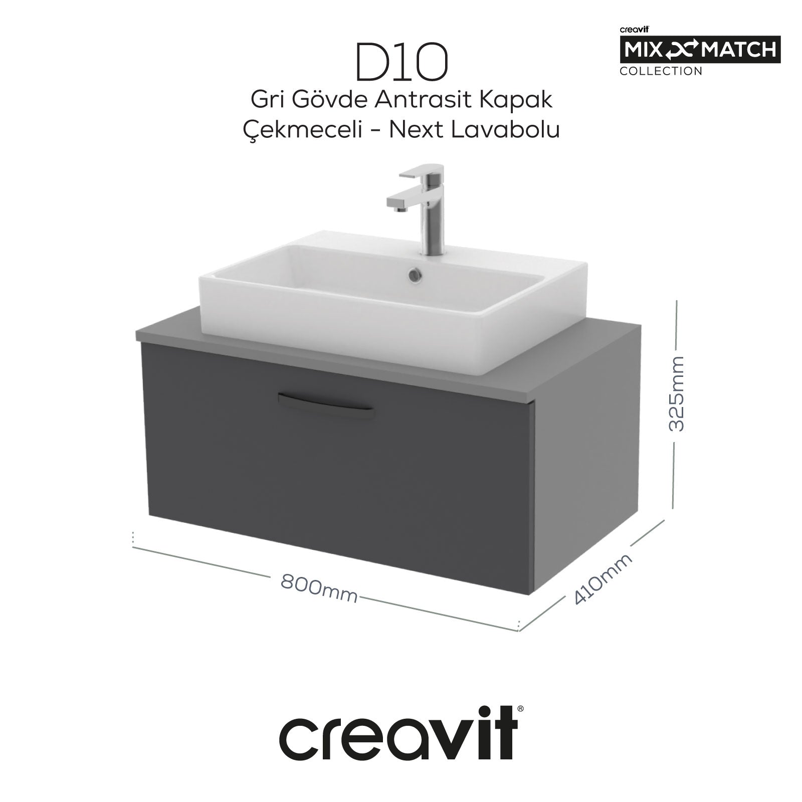 D10 Next Lavabo Dolabı Çekmeceli 80 cm Gri Gövde Antrasit Kapak