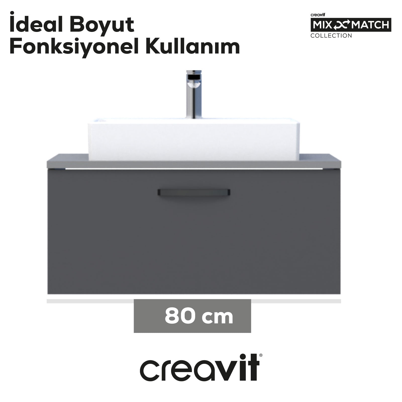 D10 Next Lavabo Dolabı Çekmeceli 80 cm Gri Gövde Antrasit Kapak