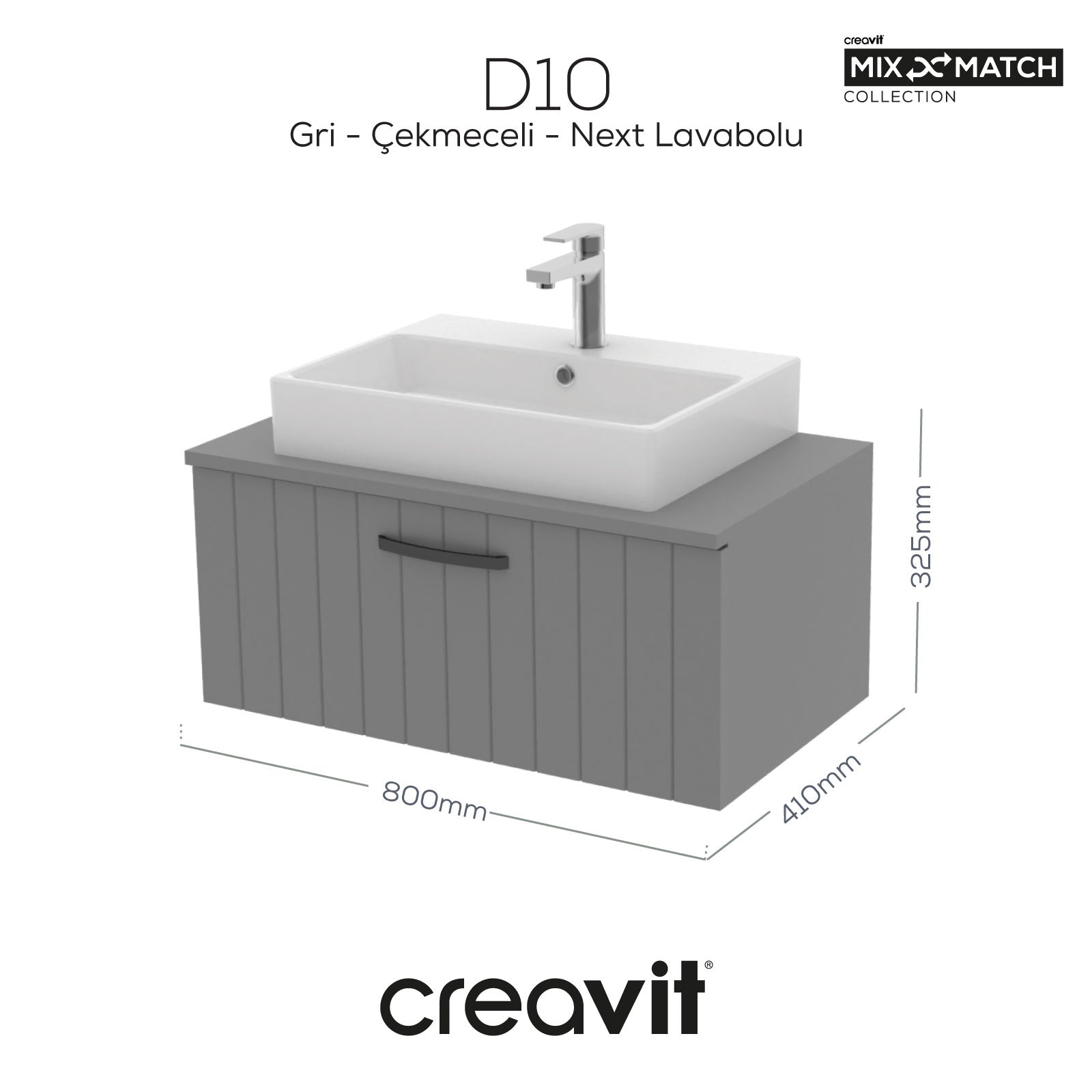 D10 Next Lavabo Dolabı Çekmeceli 80 cm Gri Lake Kapak