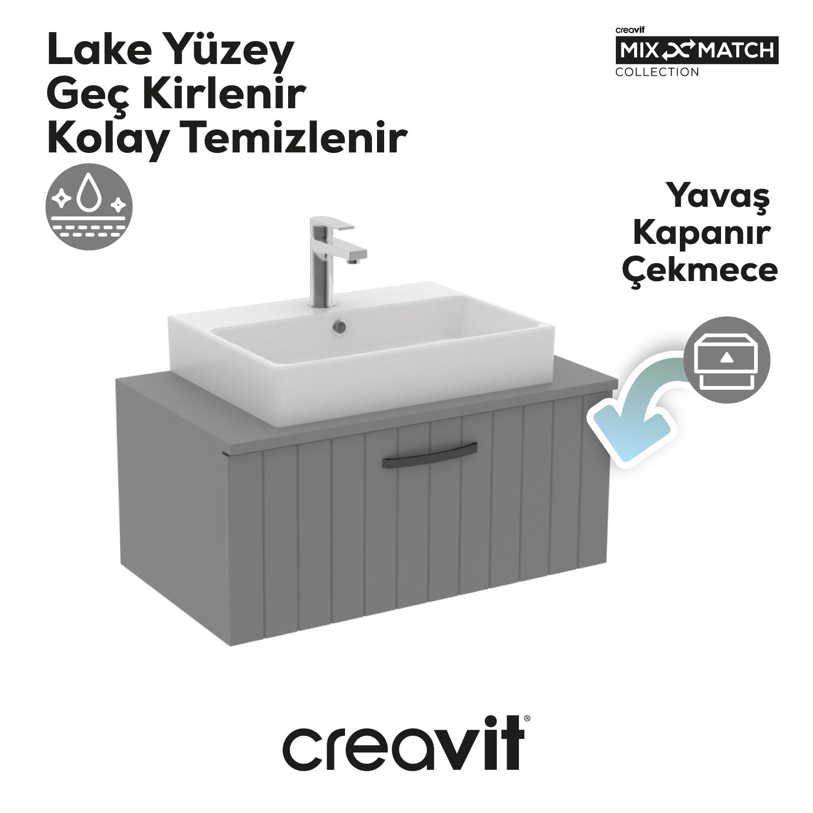 D10 Next Lavabo Dolabı Çekmeceli 80 cm Gri Lake Kapak