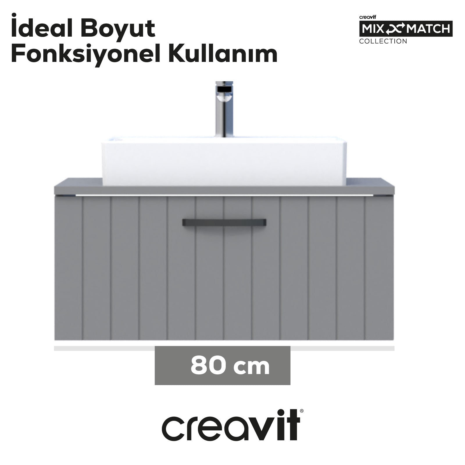 D10 Next Lavabo Dolabı Çekmeceli 80 cm Gri Lake Kapak