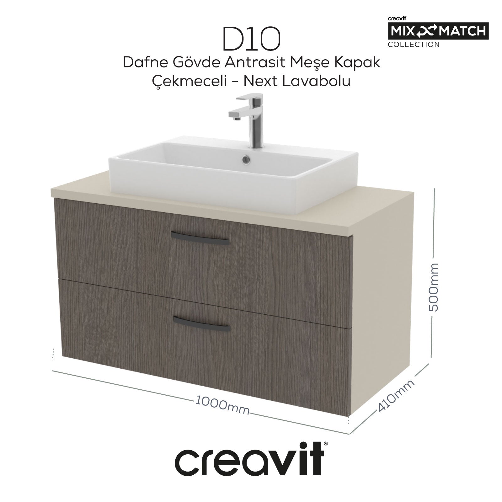 D10 Next Lavabo Dolabı İki Çekmeceli 100 cm Dafne Gövde Antrasit Meşe Kapak