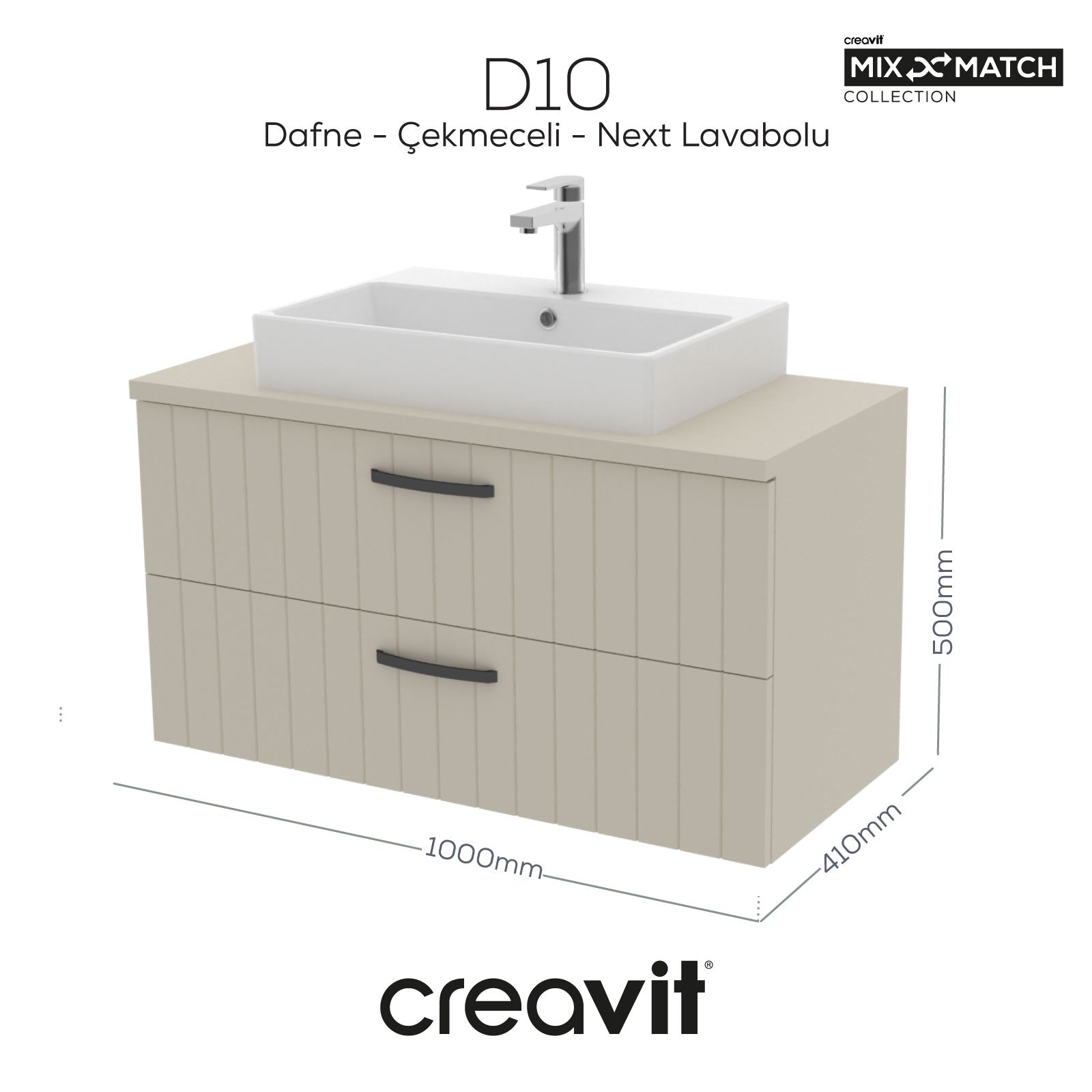 D10 Next Lavabo Dolabı İki Çekmeceli 100 cm Dafne Gövde Lake Kapak