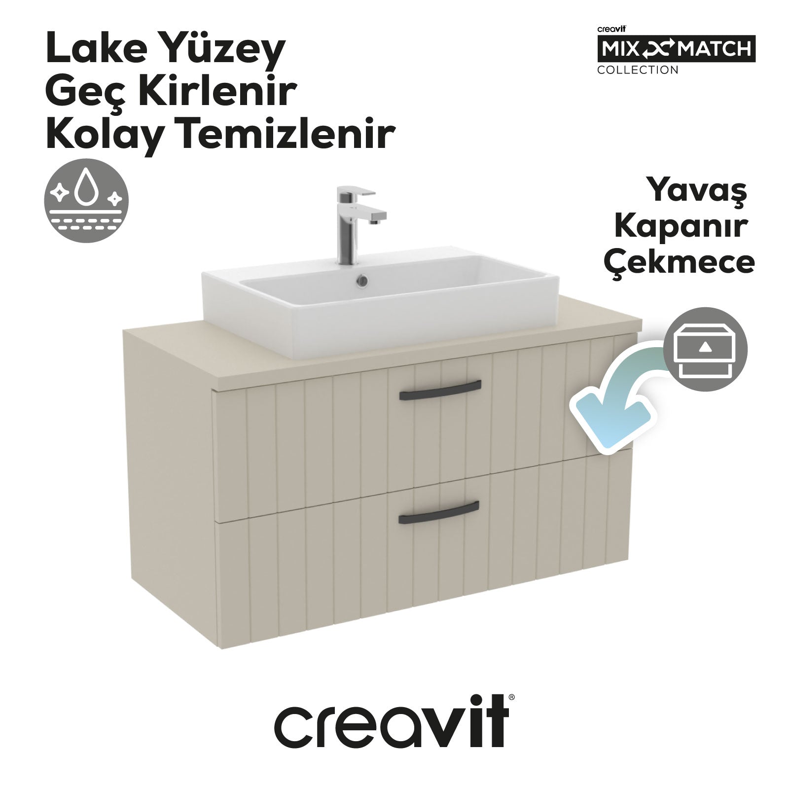 D10 Next Lavabo Dolabı İki Çekmeceli 100 cm Dafne Gövde Lake Kapak