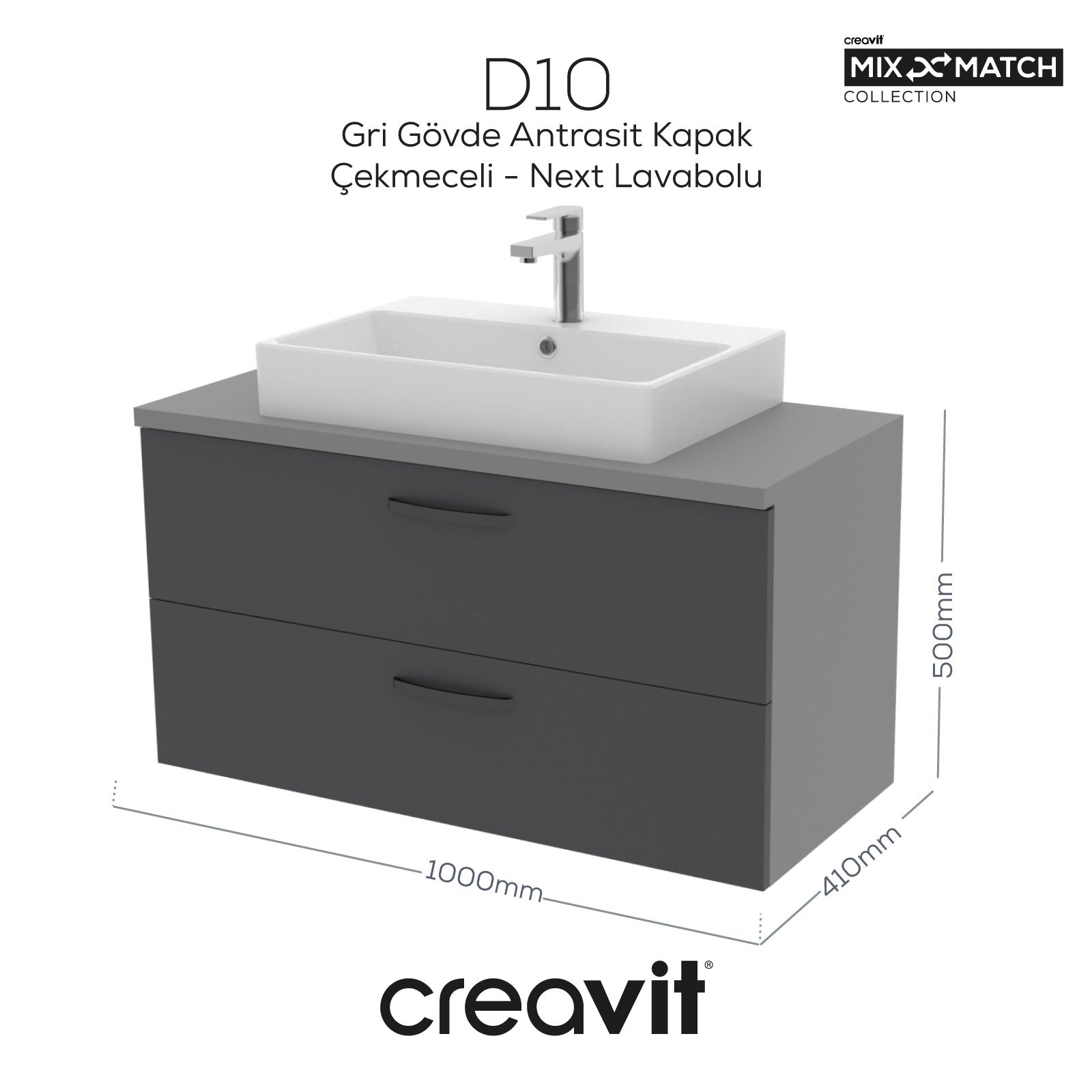 D10 Next Lavabo Dolabı İki Çekmeceli 100 cm Gri Antrasit