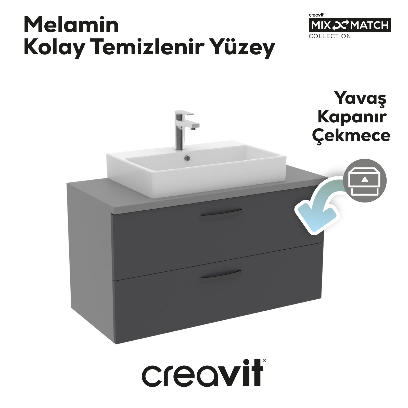 D10 Next Lavabo Dolabı İki Çekmeceli 100 cm Gri Antrasit