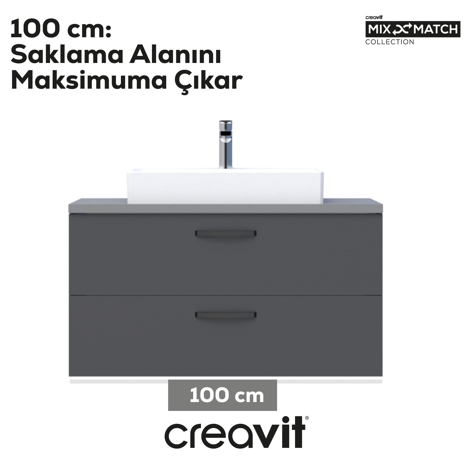 D10 Next Lavabo Dolabı İki Çekmeceli 100 cm Gri Antrasit