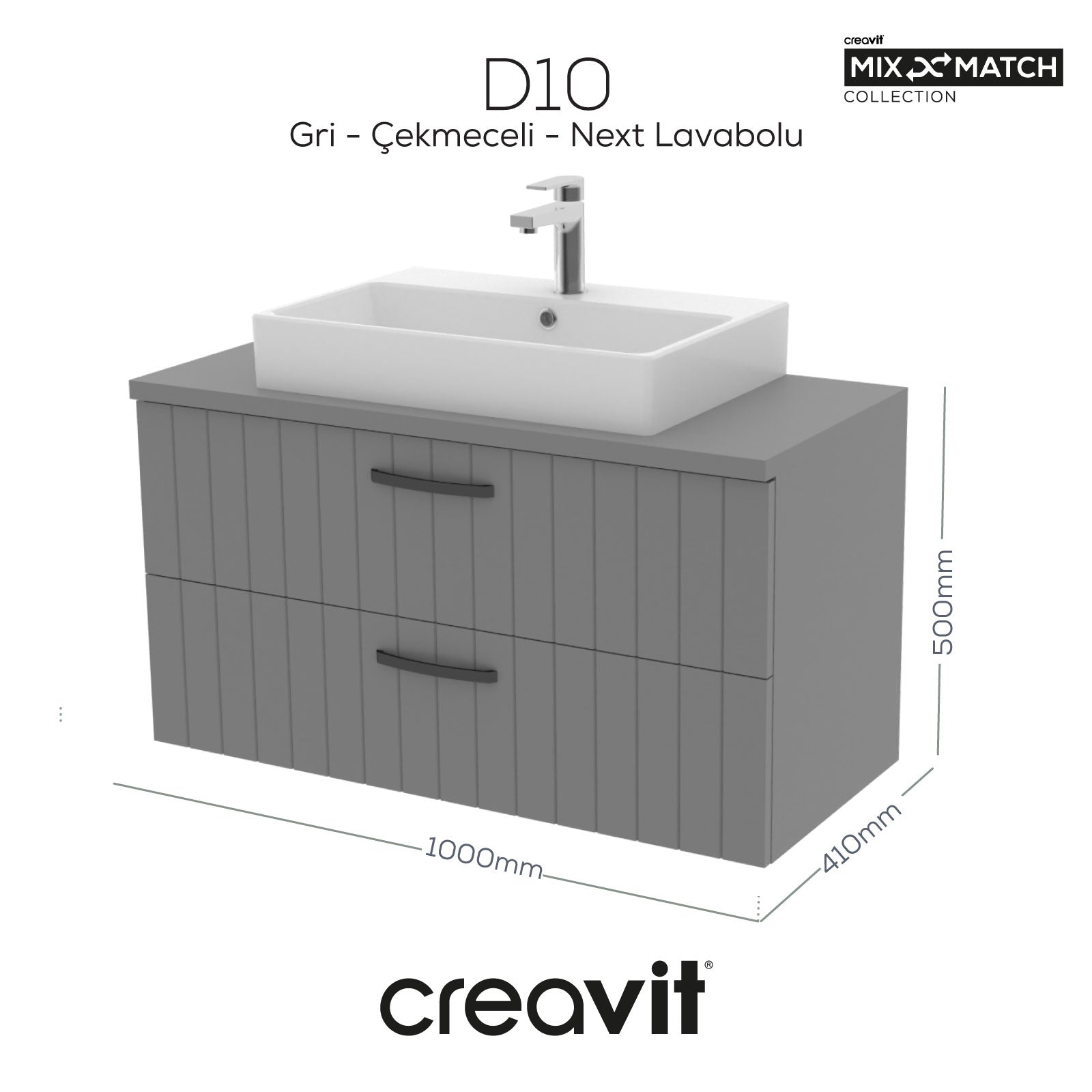D10 Next Lavabo Dolabı İki Çekmeceli 100 cm Gri Gövde Lake Kapak