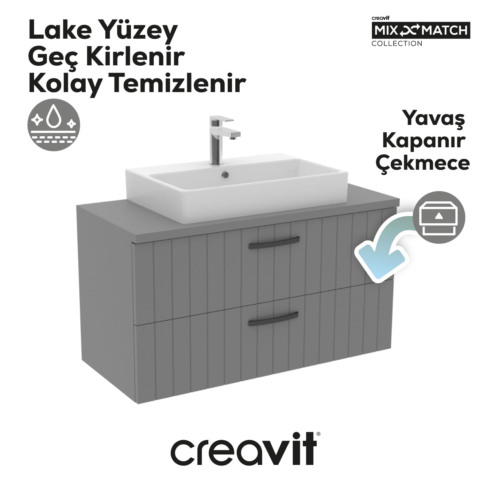 D10 Next Lavabo Dolabı İki Çekmeceli 100 cm Gri Gövde Lake Kapak