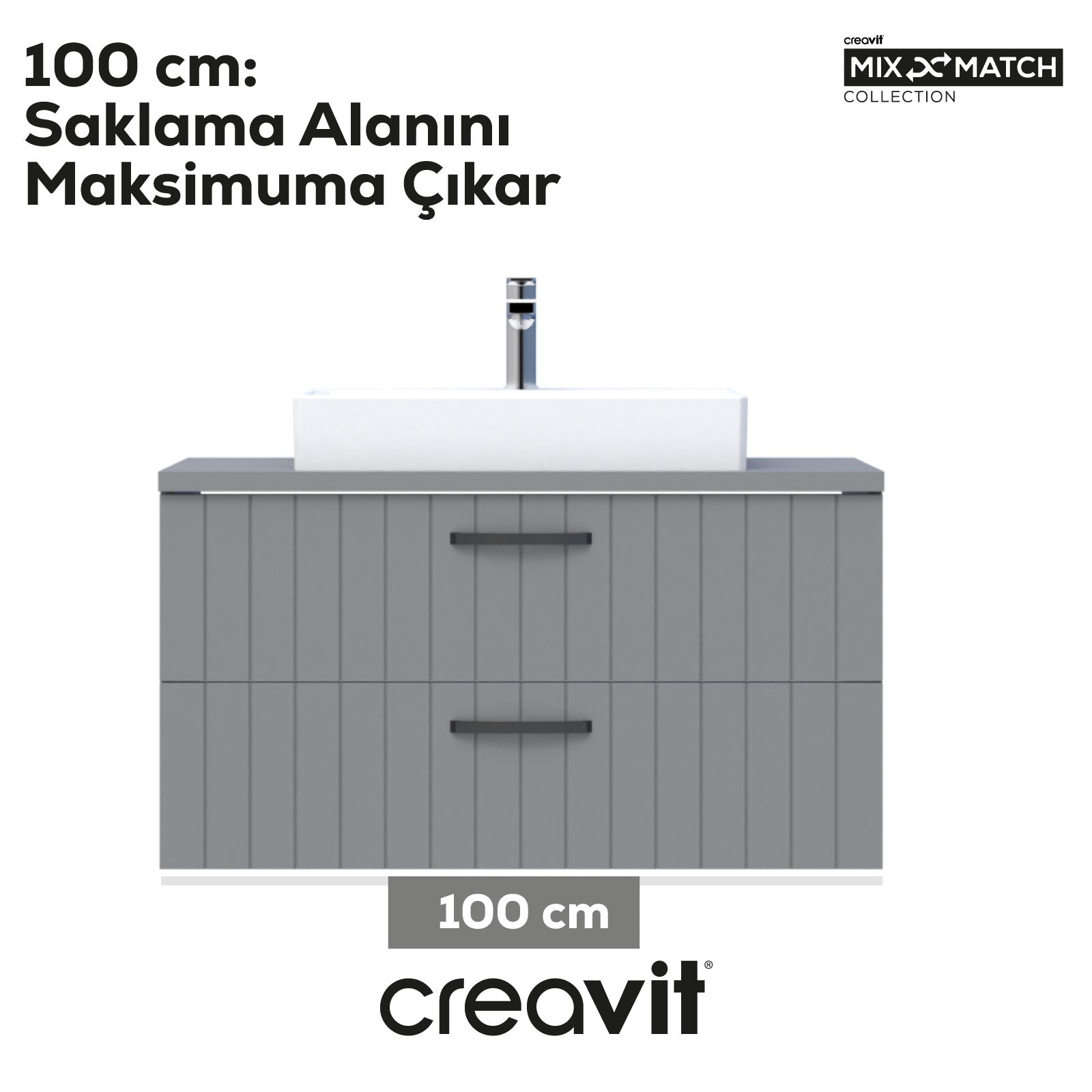 D10 Next Lavabo Dolabı İki Çekmeceli 100 cm Gri Gövde Lake Kapak