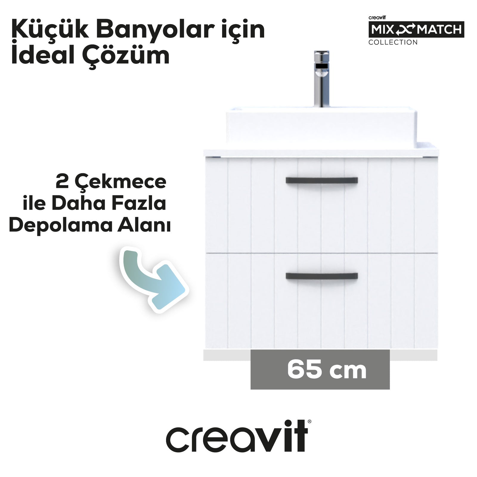 D10 Next Lavabo Dolabı İki Çekmeceli 65 cm Beyaz Lake Kapak
