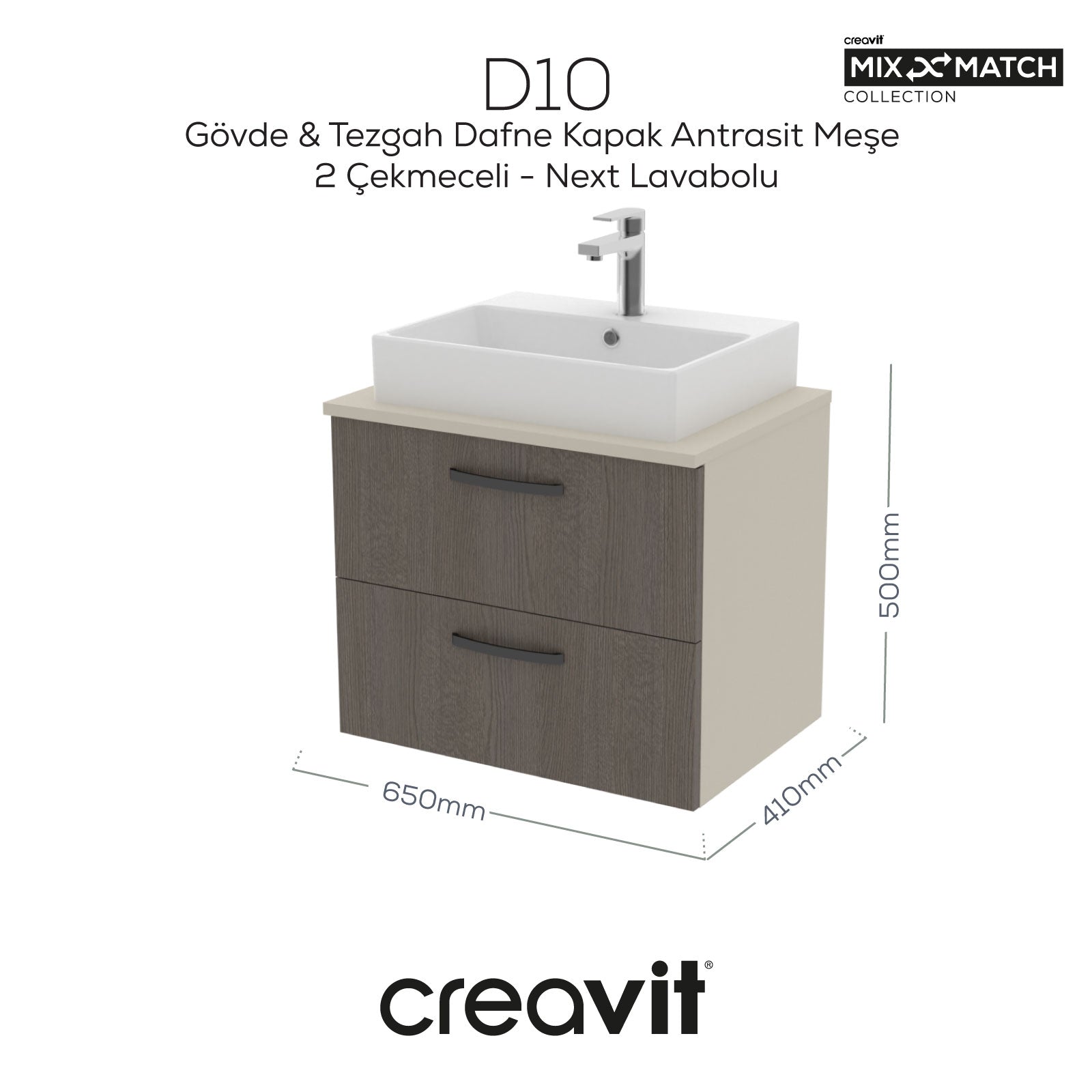 D10 Next Waschtischunterschrank zwei Schubladen 65 cm Korpus Dafne Eiche Anthrazit Blende