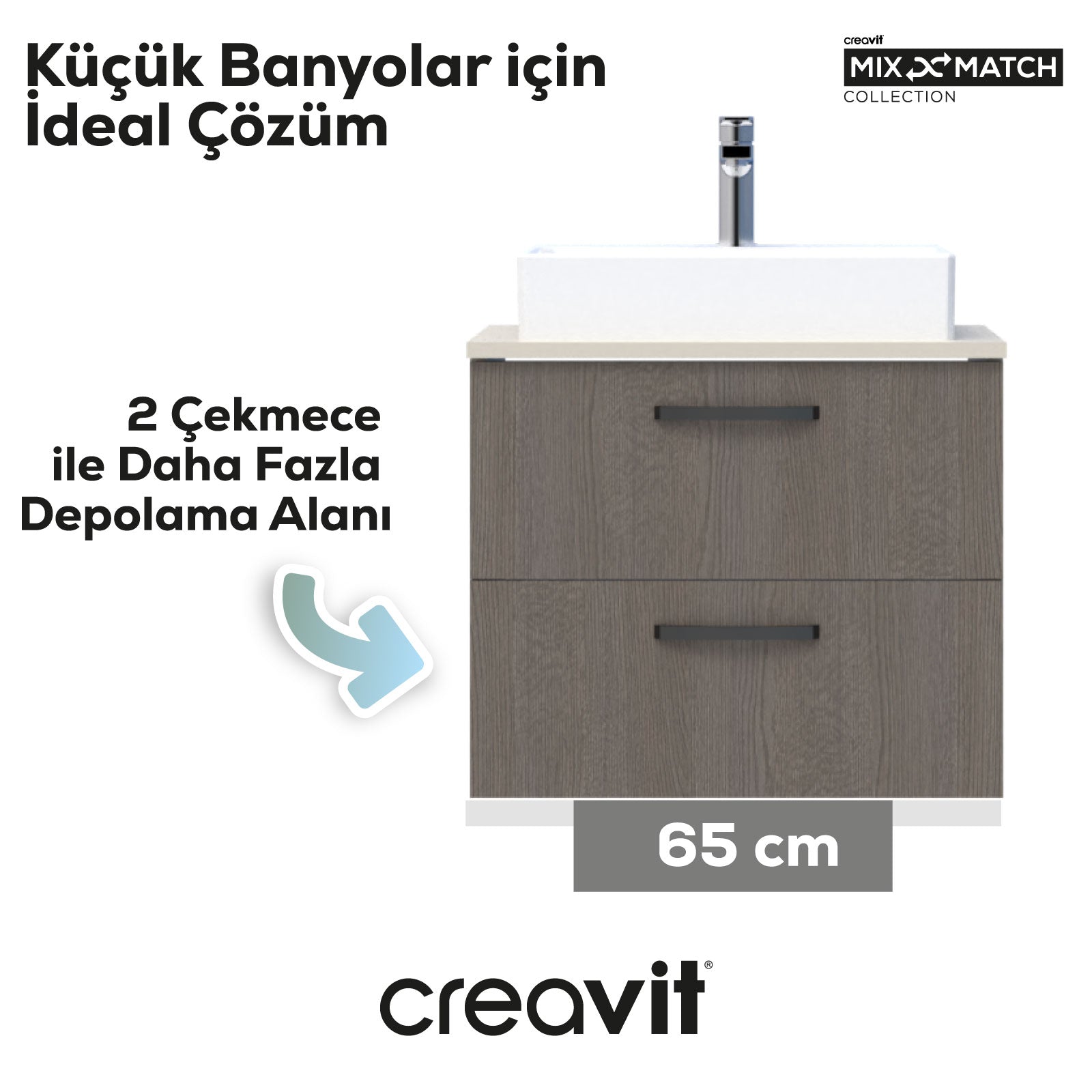 D10 Next Waschtischunterschrank zwei Schubladen 65 cm Korpus Dafne Eiche Anthrazit Blende
