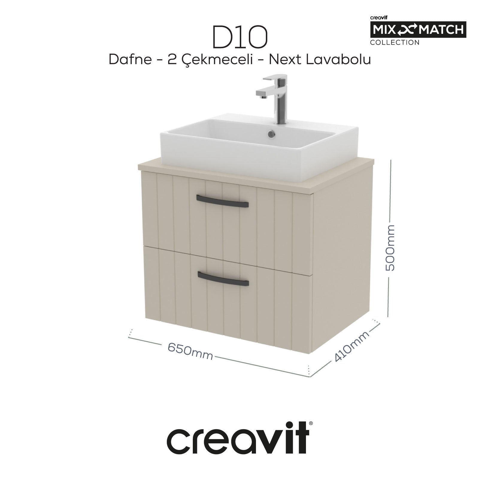 D10 Next Lavabo Dolabı İki Çekmeceli 65 cm Dafne Lake Kapak