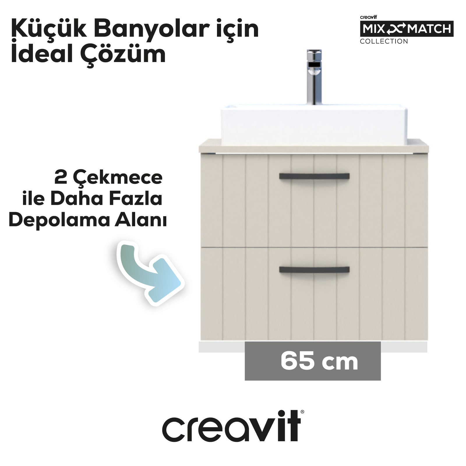 D10 Next Lavabo Dolabı İki Çekmeceli 65 cm Dafne Lake Kapak