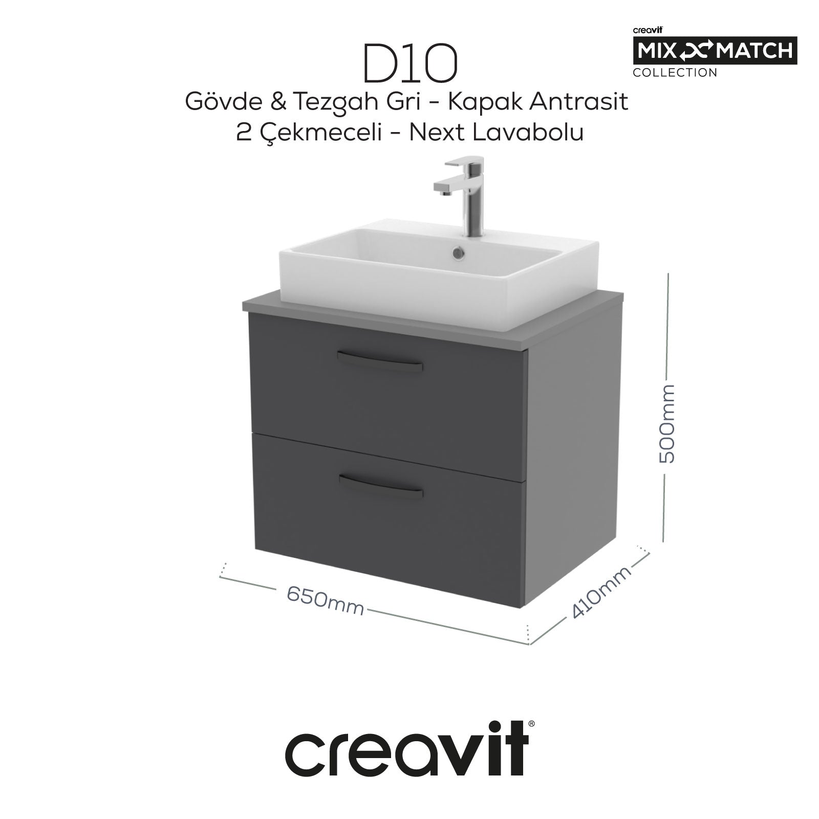 D10 Next Waschtischunterschrank zwei Schubladen 65 cm Korpus grau Blende anthrazit