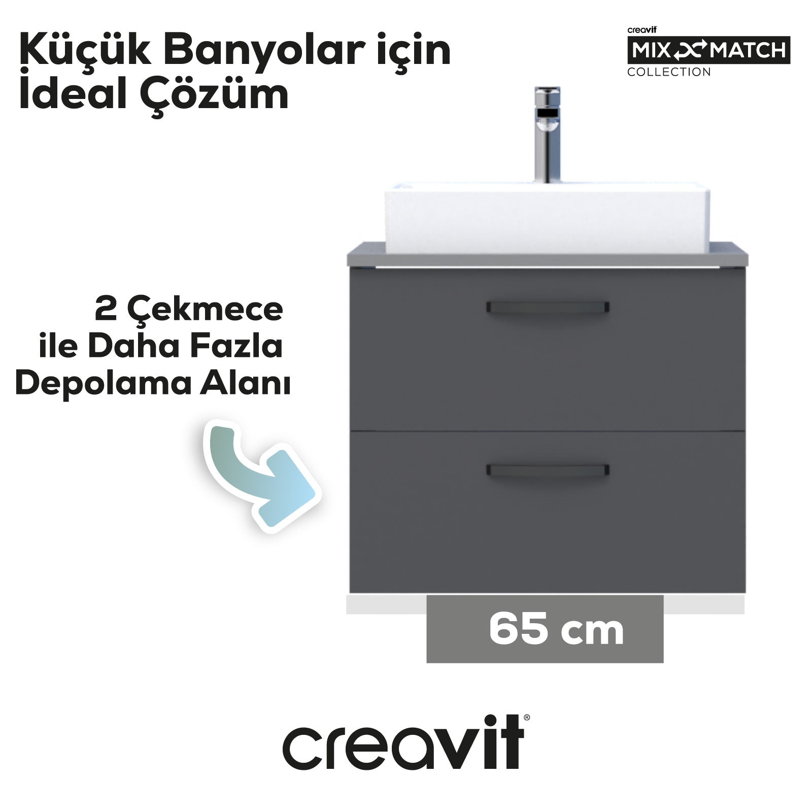 D10 Next Waschtischunterschrank zwei Schubladen 65 cm Korpus grau Blende anthrazit