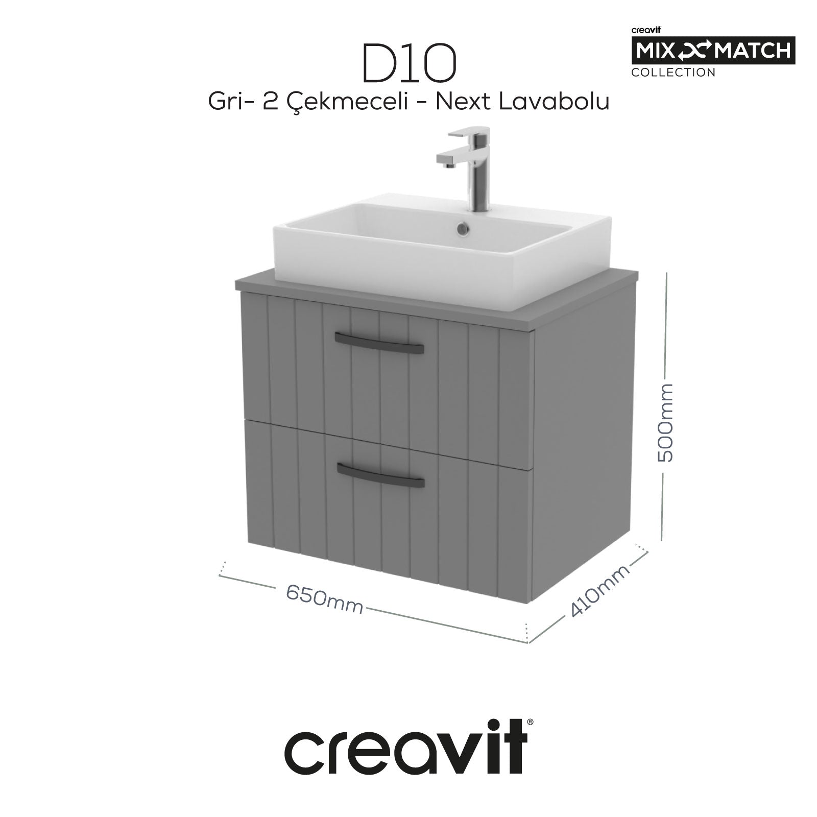D10 Next Lavabo Dolabı İki Çekmeceli 65 cm Gri Lake Kapak