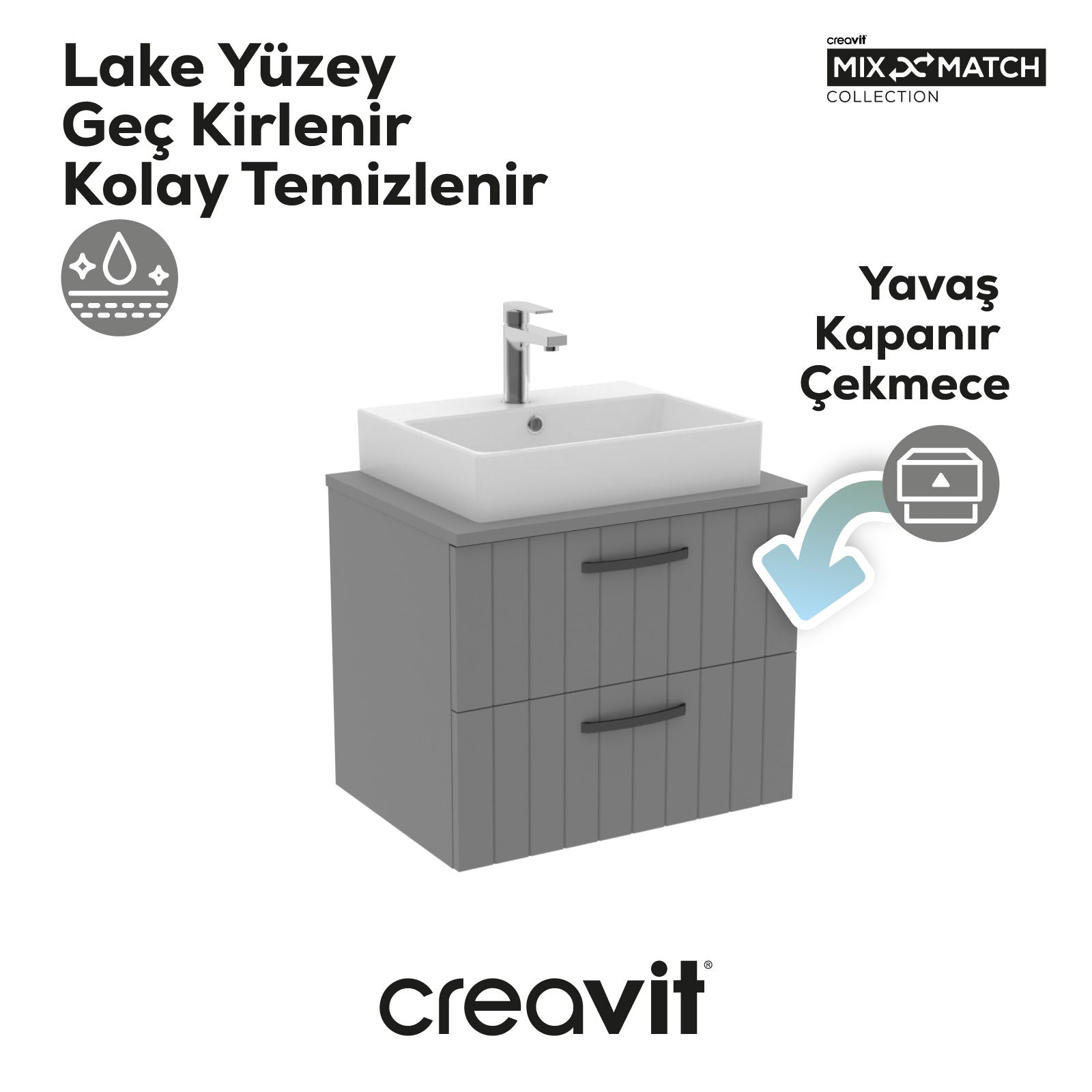 D10 Next Lavabo Dolabı İki Çekmeceli 65 cm Gri Lake Kapak
