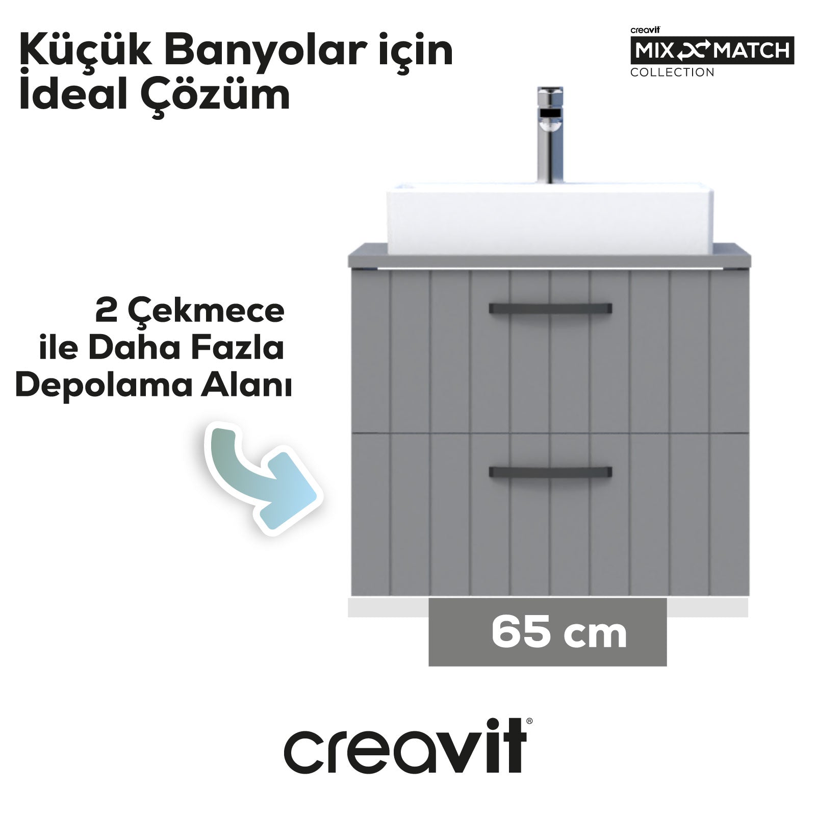 D10 Next Lavabo Dolabı İki Çekmeceli 65 cm Gri Lake Kapak