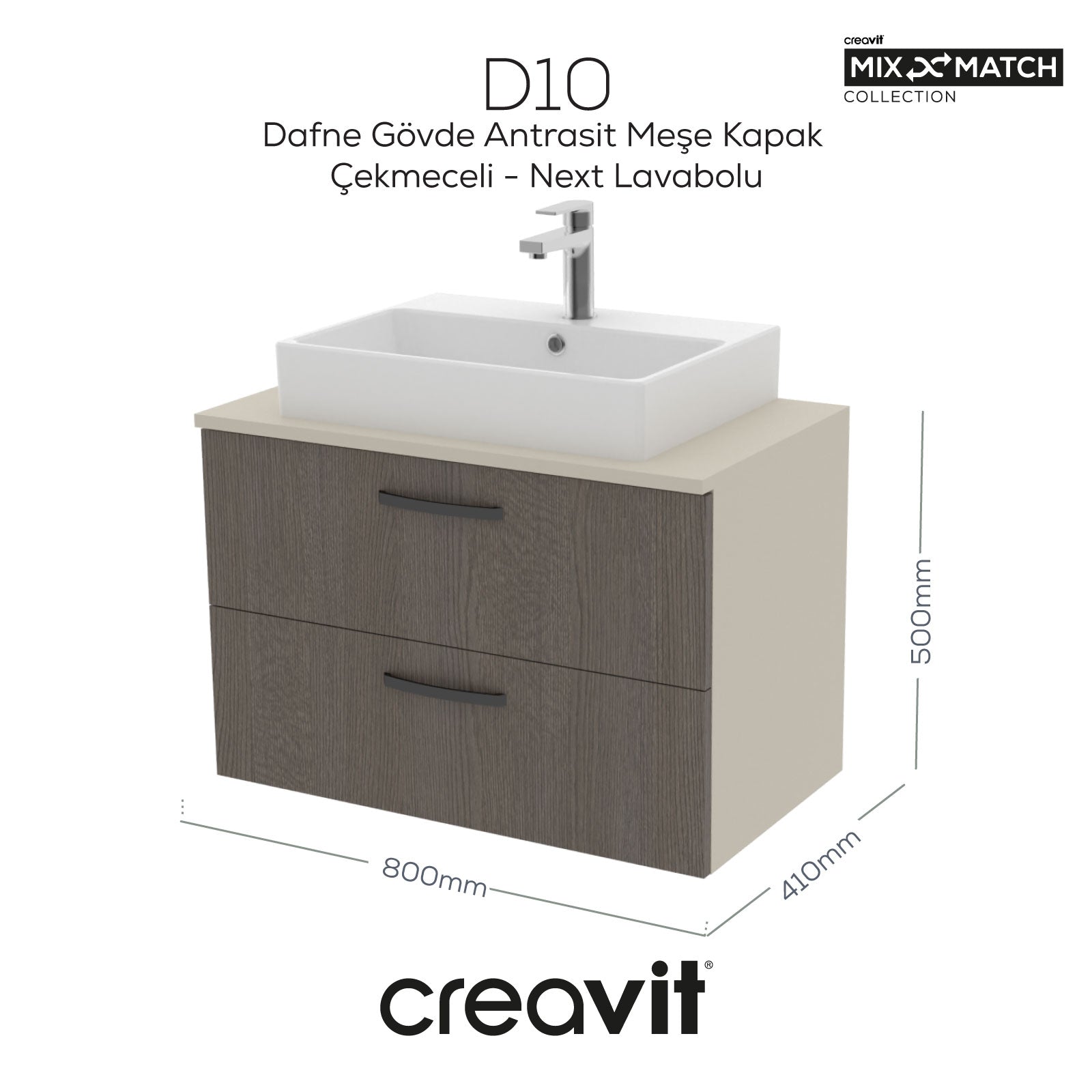 D10 Next Waschtischunterschrank zwei Schubladen 80 cm Korpus Dafne Eiche Anthrazit Blende