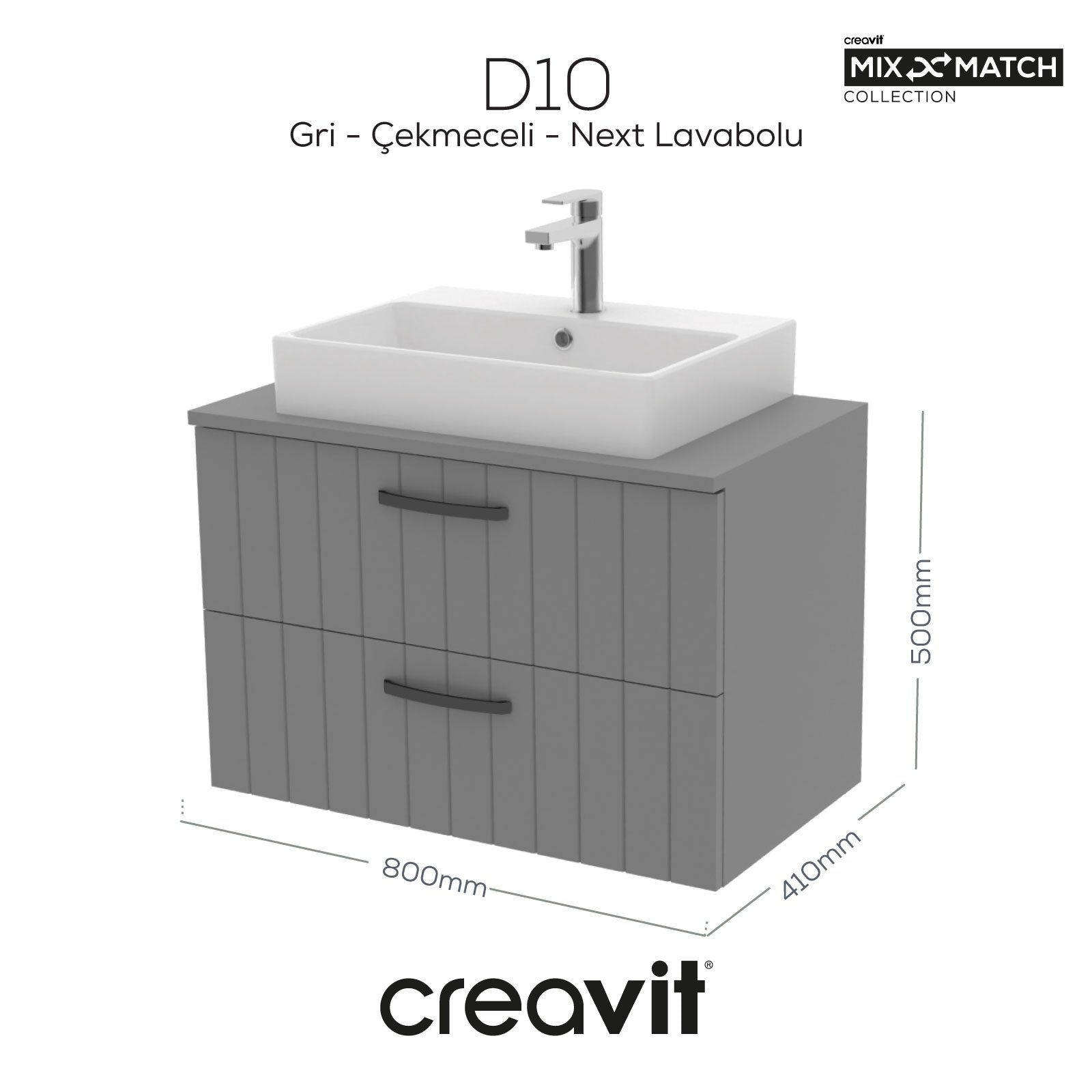 D10 Next Lavabo Dolabı İki Çekmeceli 80 cm Gri Lake Kapak