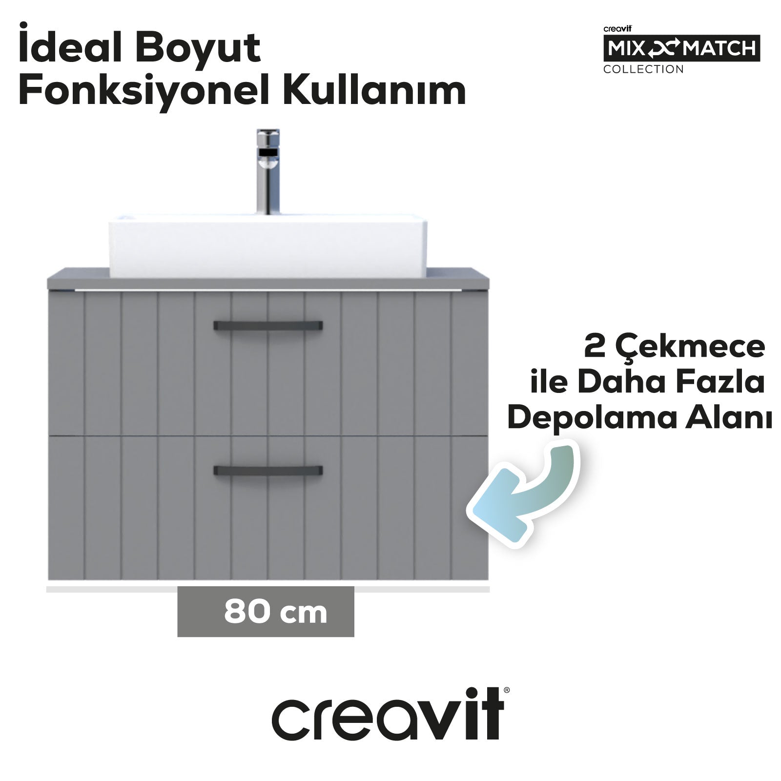 D10 Next Lavabo Dolabı İki Çekmeceli 80 cm Gri Lake Kapak