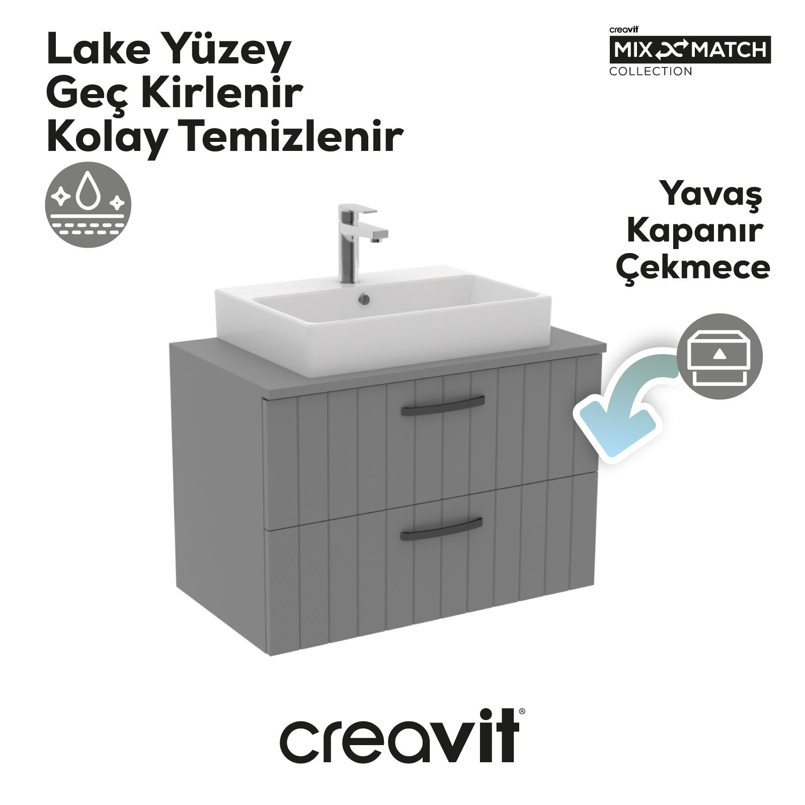 D10 Next Lavabo Dolabı İki Çekmeceli 80 cm Gri Lake Kapak